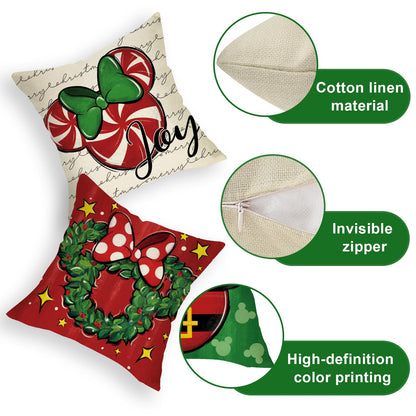 Ussap Merry Christmas Decorative Throw Pillow Covers 18 x 18 Set of 4, Xmas Candy Cane Wreath Red Green Bow Cushion Case Decor, Noel Joy Winter Holiday Farmhouse Home Sofa Couch Decoration