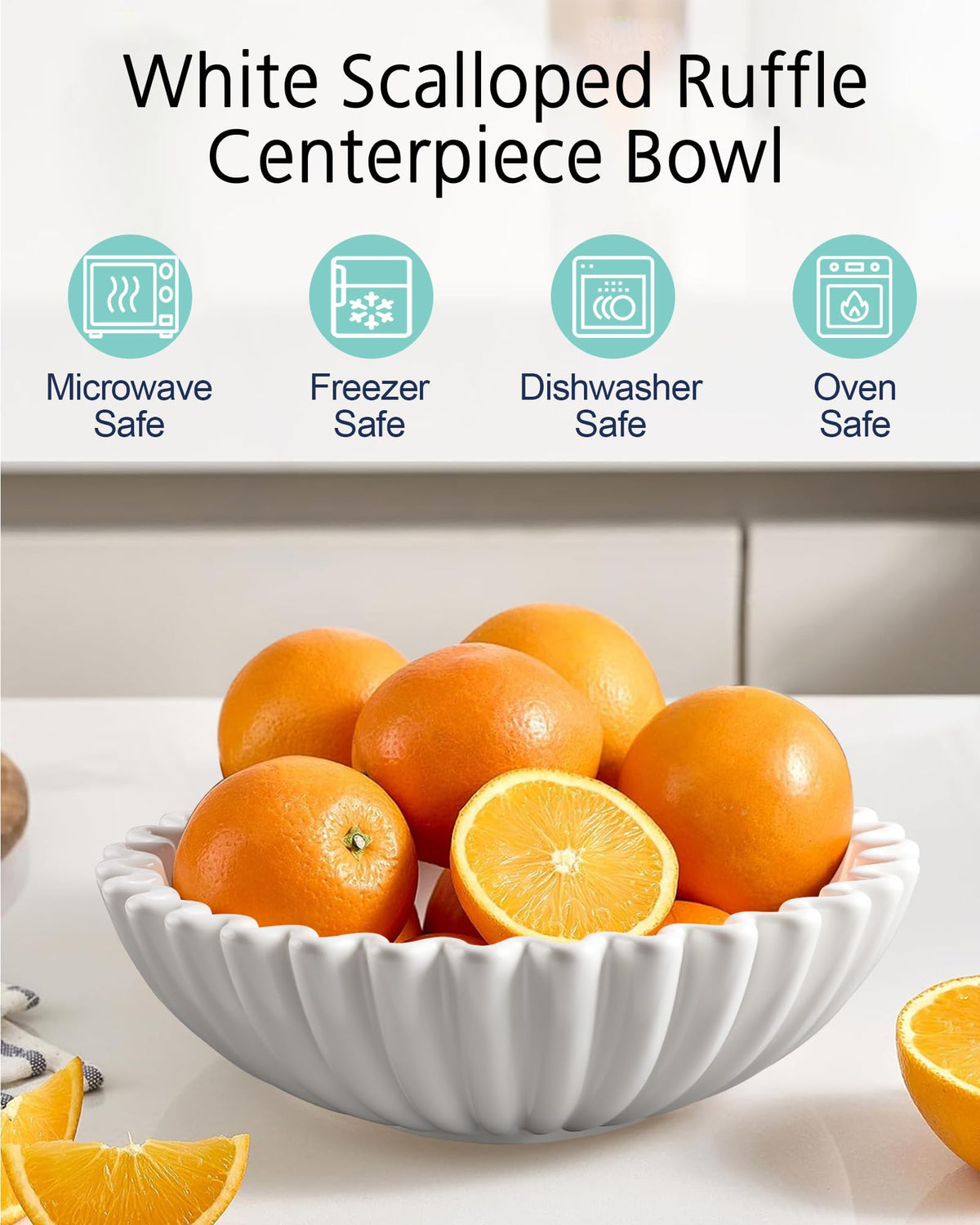 KULEDM Large Decorative Bowl Home Decor - 10in Ceramic White Scalloped Ruffle Fruit Bowl for Kitchen Counter, Dishwasher & Microwave Safe