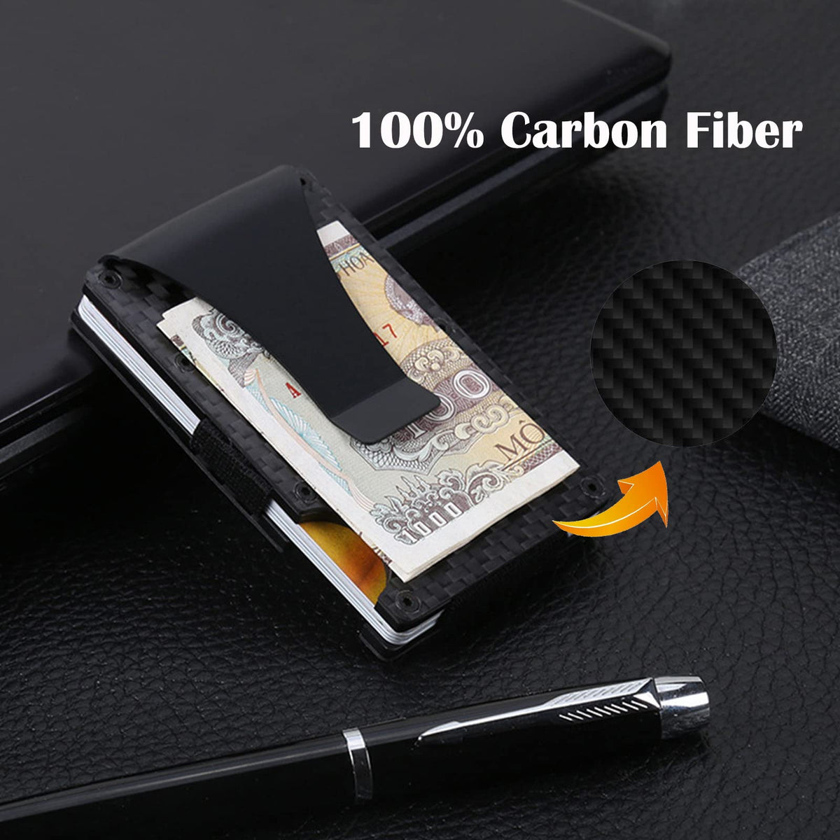 WAFJAMF Money Clip for Men RFID Blocking Wallet Slim Carbon Fiber Wallet Minimalist Front Pocket Metal Wallets for Men – Black