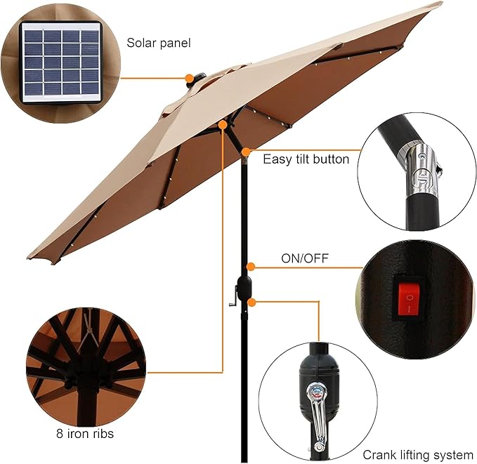 Blissun 9 ft Solar Umbrella, 32 LED Lighted Patio Umbrella, Table Market Umbrella, Outdoor Umbrella for Garden, Deck, Backyard, Pool and Beach (Tan)