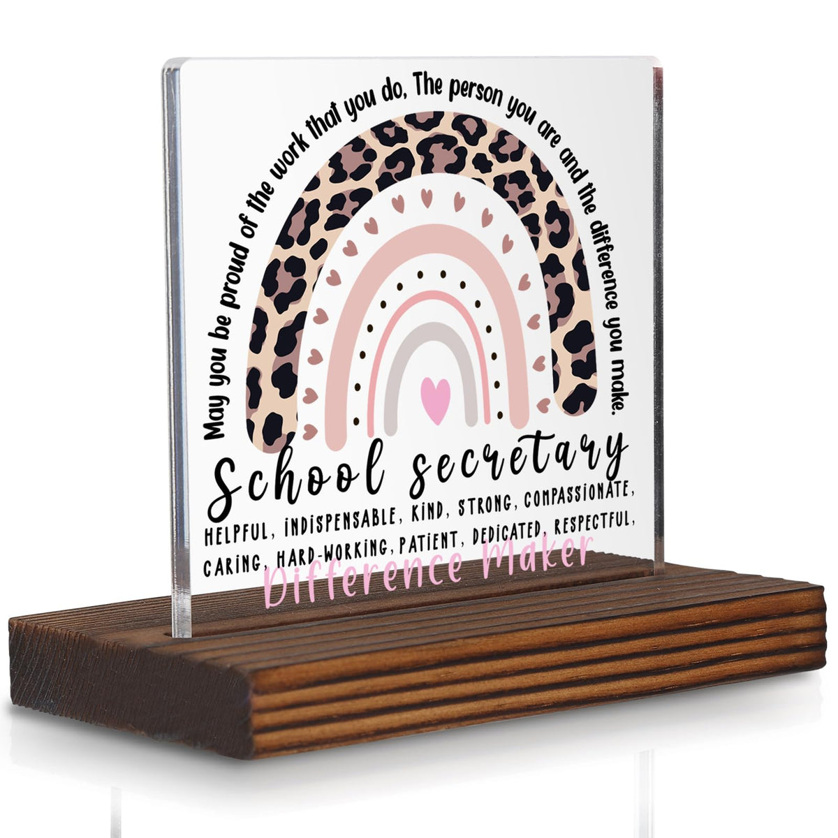 School Secretary Appreciation Gift Desk Sign, Leopard Rainbow Difference Maker Plaque, Office Decor Thank You Gift for School Office Staff PA075