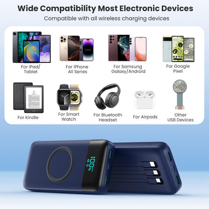 Wireless Portable Charger 40800mAh with 3 Built-in Cables,7-in-1 15W Wireless Charging Power Bank,25W PD QC 4.0 Fast Charging USB C LCD Display Battery Pack for iPhone 17/16/15/13,Samsung,Android etc