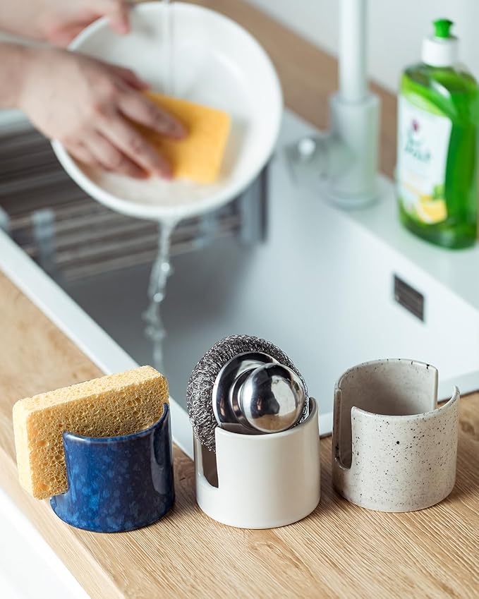 Kitchen Sponge Holder, Ceramic Sponge Organizer Scrubby Holder Sink Caddy Dish