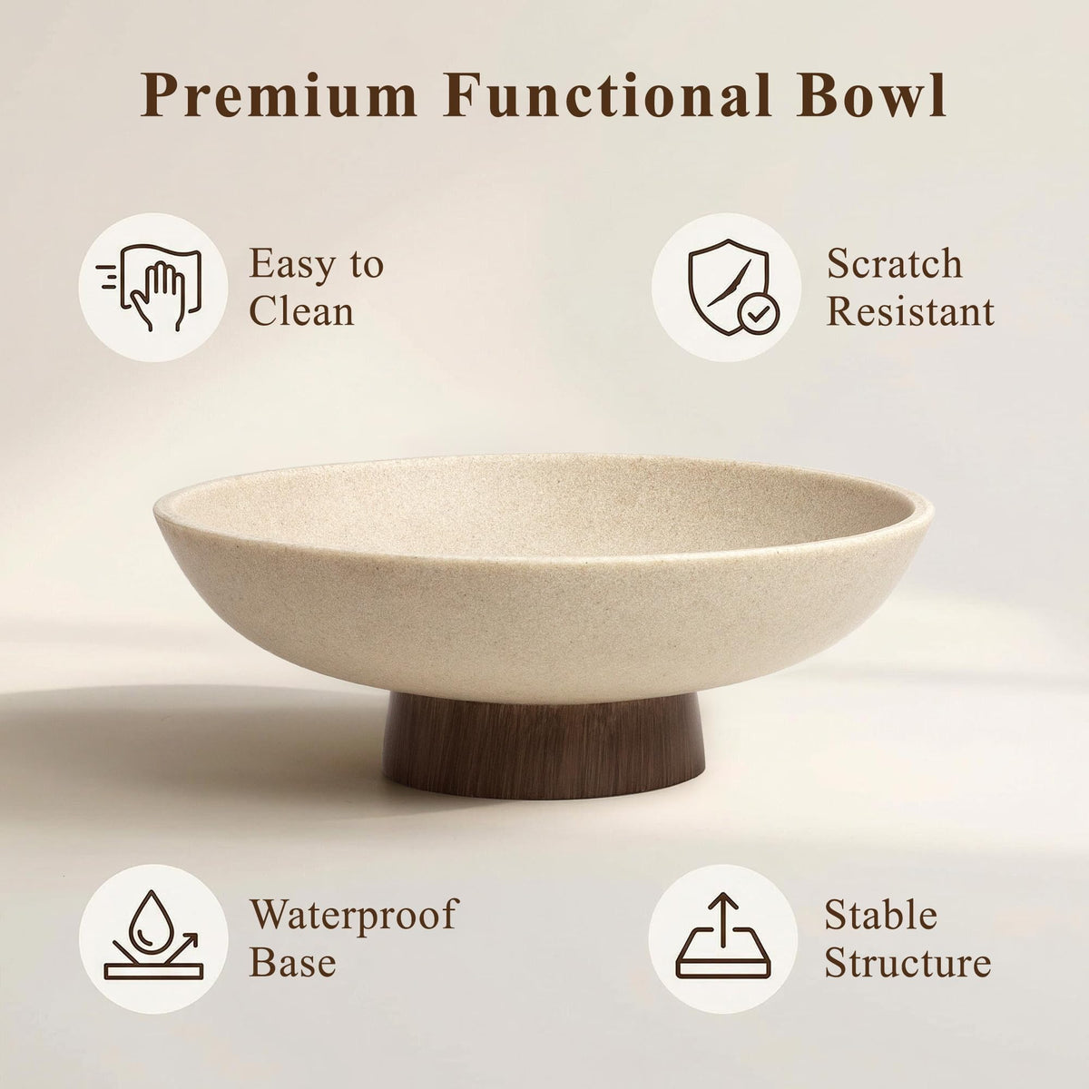 YMXYJM Modern Pedestal Fruit Bowl, Large Matte Resin Decorative Bowl with Faux Wood Base for Kitchen Counter, Living Room, Entryway Home Decor, Brown