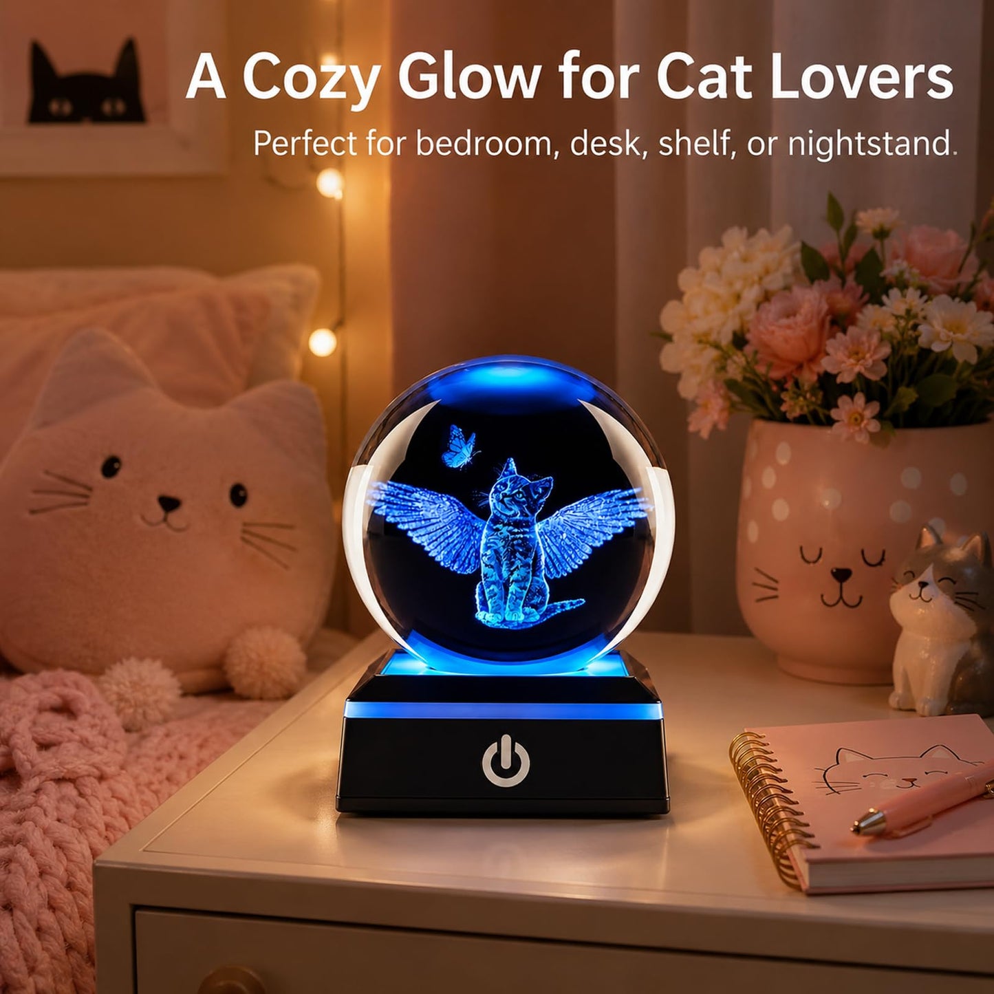 Zerelys 3D Cat Crystal Ball Night Light for Boys Girls, 3.15 Inch LED Crystal Lamp, Birthday Gift for Kids, Bedroom Decor with Gift Box (Cat)