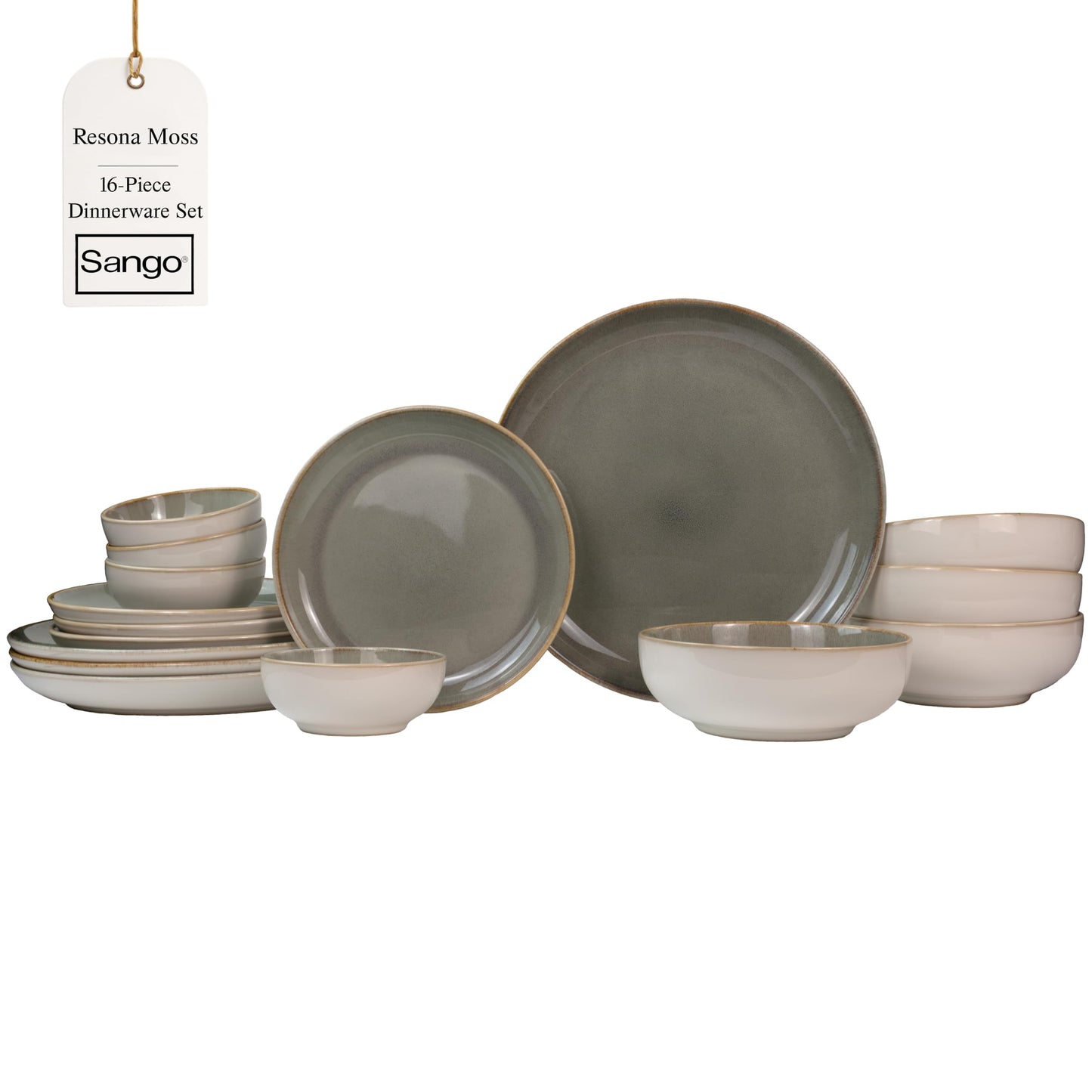 Sango 16-Piece Stoneware Dinnerware Set for 4, Glossy Cream/Green Big Dinner Plates and Bowls Sets with Reactive Glaze, Ceramic Dish Set, Modern Dishes, Microwave & Dishwasher Safe, Resona Moss