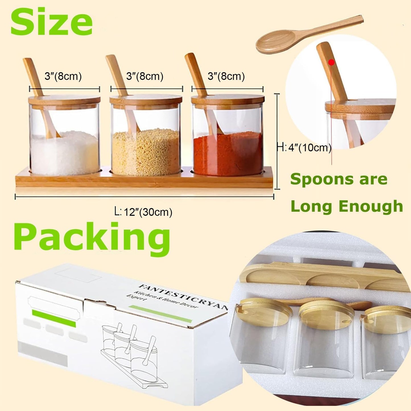 Stylish Glass Canister Set of 3 with Bamboo Lids Tray & Spoons 10 oz Clear Condiment Containers Jars for Coffee Bar, Kitchen Counter Organizer, Decorative Storage for Salt Sugar Coffee Beans Spices
