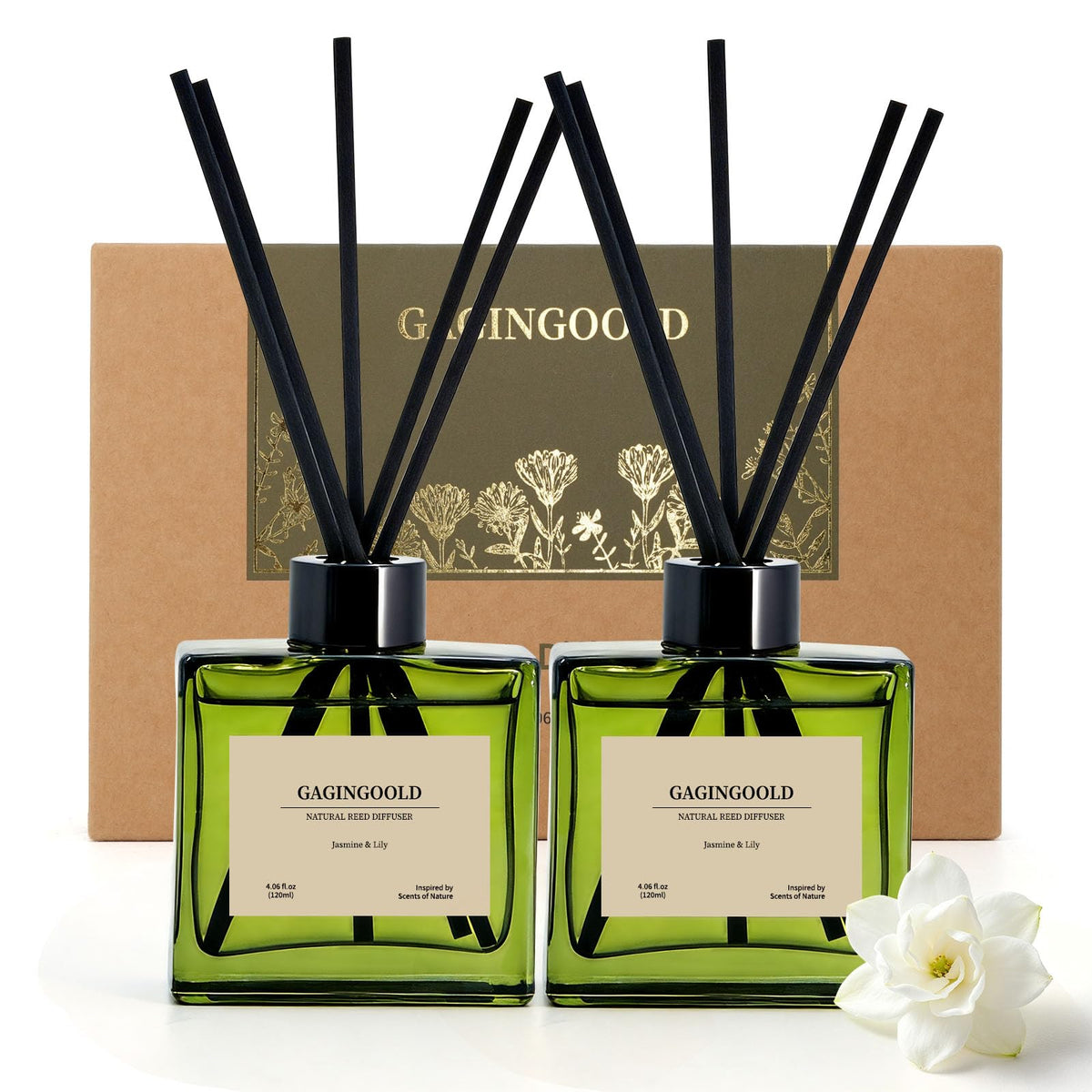 GAGINGOOLD Reed Diffuser Set, 4 fl oz Jasmine Lily 2 Pack Scent Diffuser with 20 Sticks, 180 Days Long Lasting Elegant Home Fragrance for Bathroom Bedroom Office Decor Air Fresh