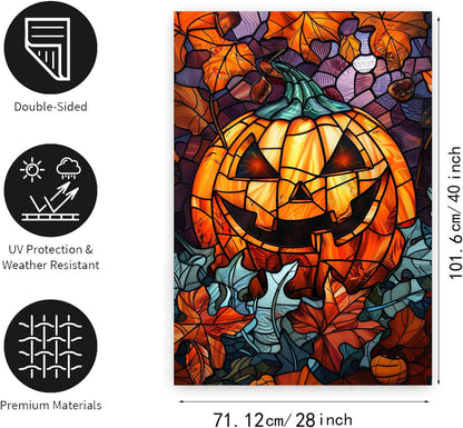 Spooky Pumpkin House Flag Scary Halloween Flags for Outside 28x40 Double Sided Large Stained Glass Fall Garden Flags Autumn Yard Flag for Outdoor Porch Lawn Farmhouse Thanksgiving Decor