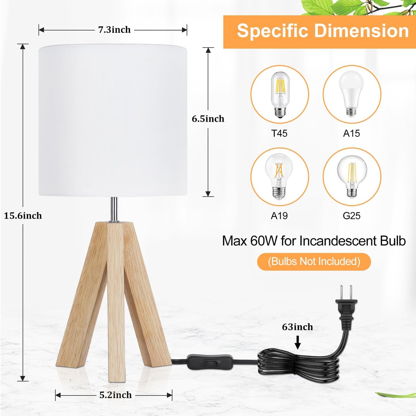 Small Beside Table Lamp, Wood Tripod Table Lamp with White Fabric Shade, Cute Boho Nightstand Minimalist Desk Lamp for Bedroom Living Room Nursery Kids Room Office Dorm, Bulb Not Included