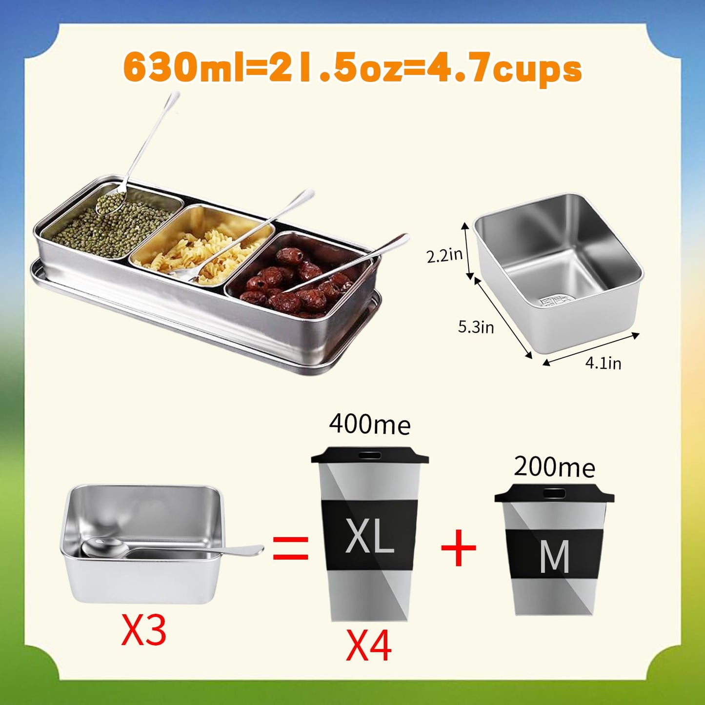 TOTITOM Seasoning Condiment Container, 3 Compartment 304 Stainless Steel Seasoning Organizer Box with Lids Spoons, for Snacks Flour Dry Goods Fruits Ingredient Kitchen Restaurant Pantry