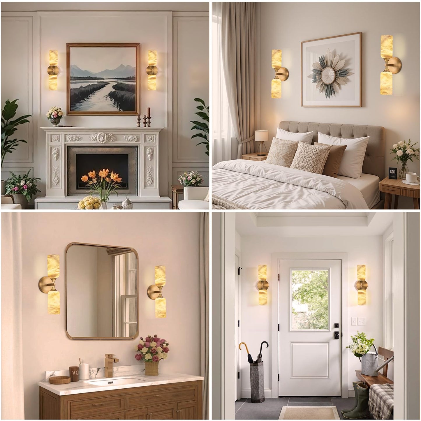 Stbri Alabaster Sconces Set of 2,15.3in Modern Natural Marble Vanity Light, Hardwired Brass Gold Wall Sconces Lighting for Living Room,Bedroom,Indoor Sconces for Bathroom Mirror,Hallway
