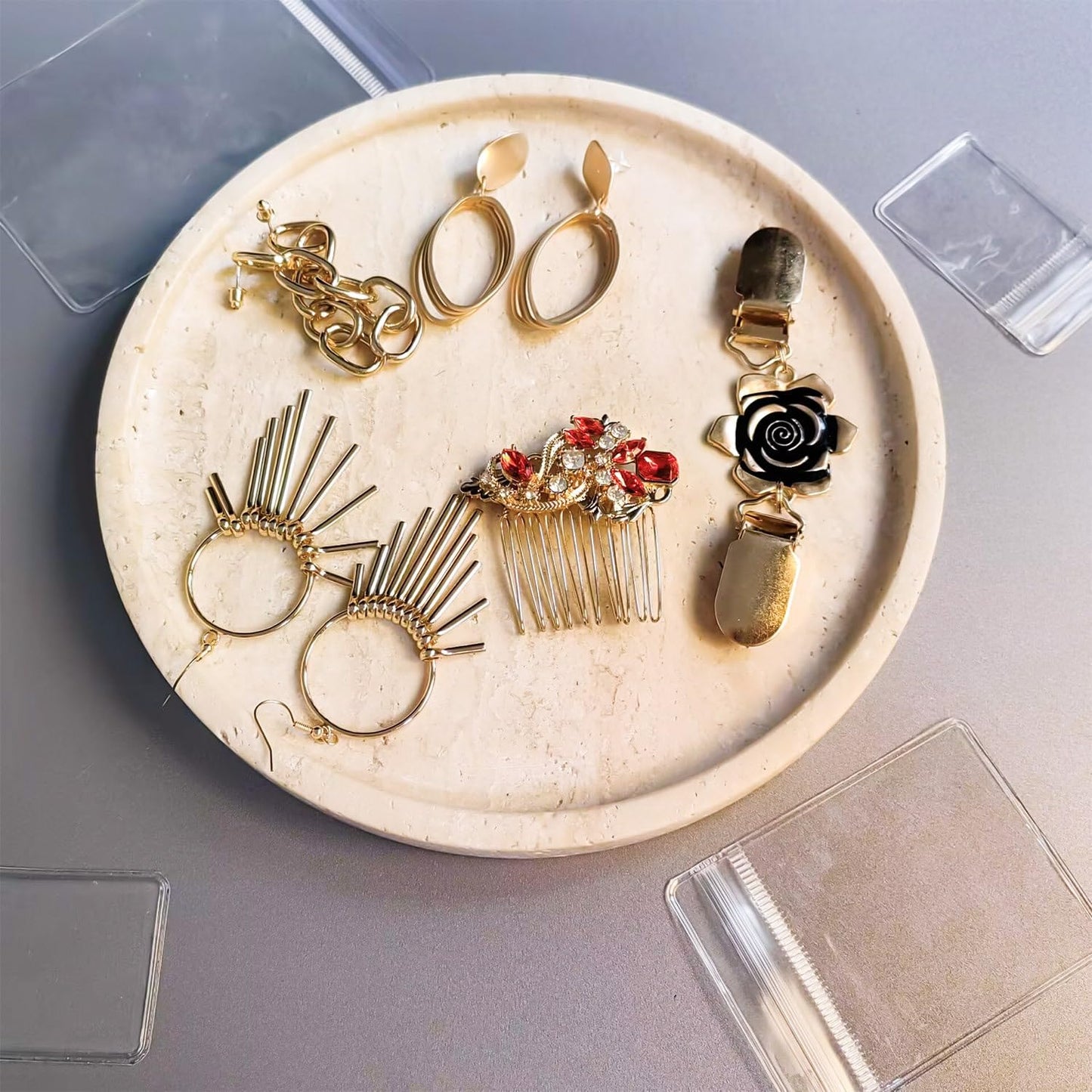 Natural Travertine Vanity Decorative Marble Tray, Candles, Perfume, Trinket, Marble Circle Vanity Trays for Bathroom, Dresser, Kitchen, Countertop Storage Organizer for Home Decor