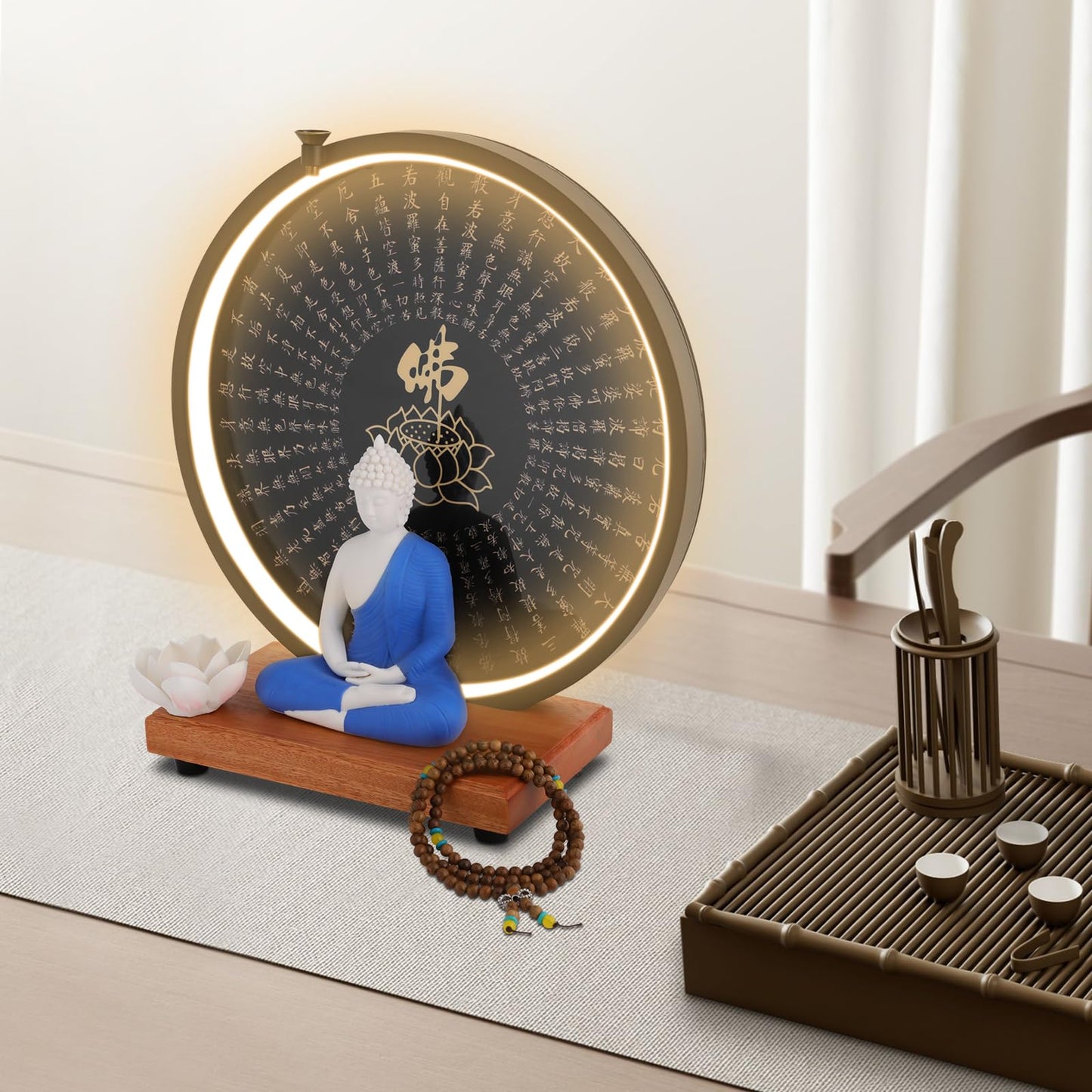 KUMOYOU Buddha Statue Decoration, Ceramic Buddha Statue with LED Ring Light & Backflow Incense Burner, Meditation Decor for Home and Office (Blue)