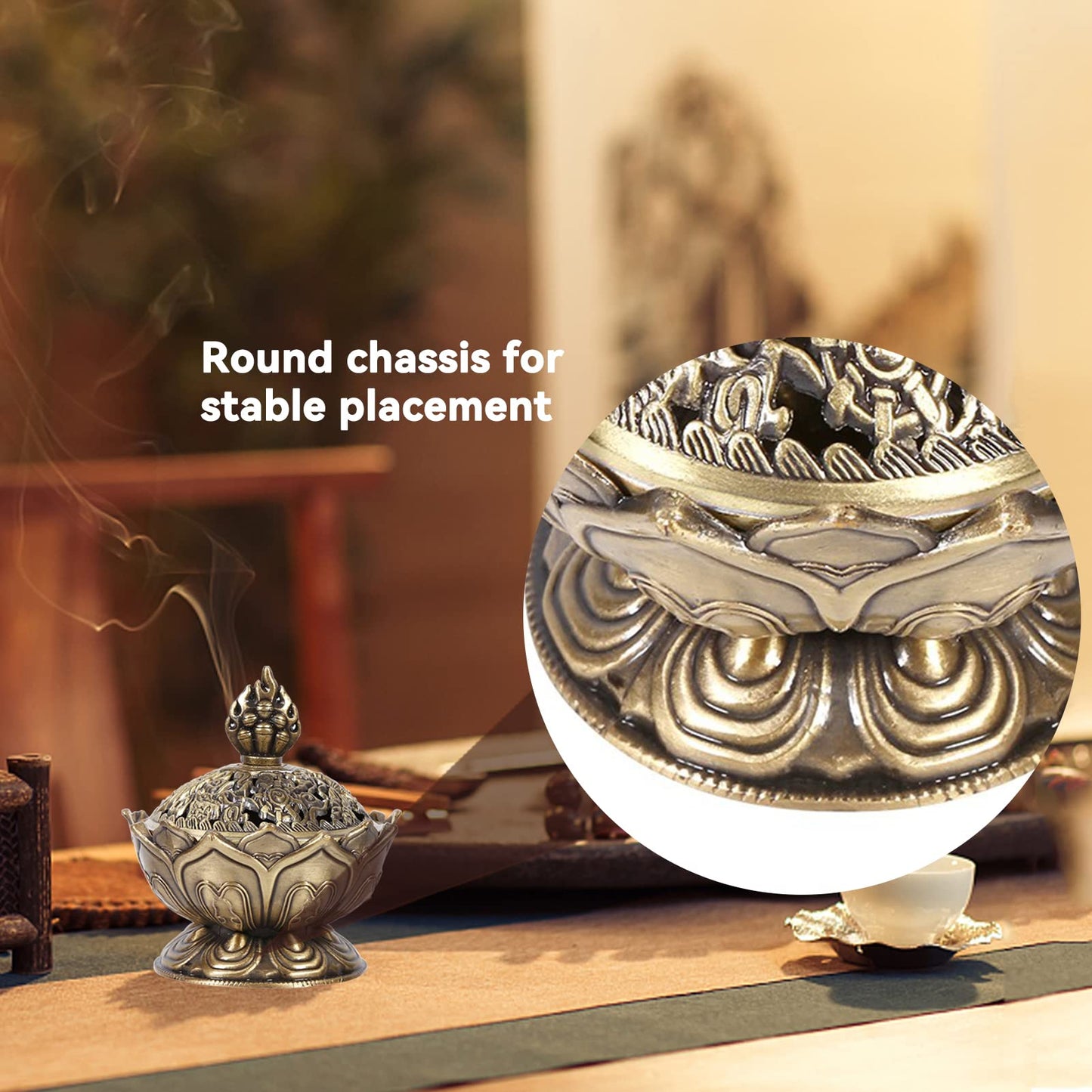 Vintage Backflow Incense Burner Bowl, Lotus Incense Holder Charcoal Censer Ash Catcher Stick Cone Reel Incense for Powder Cone or Coil Incense (Bronze)