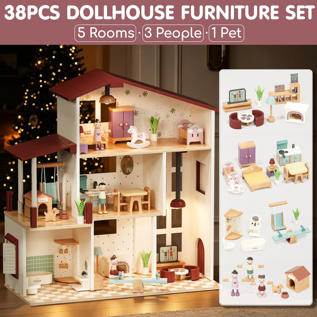 Lehoo Castle Wooden Dollhouse for Girls, Realistic Doll House with 5 Rooms & 38 Accessories, DIY Pretend Play Dream Dollhouse with Doll and Furniture, Ideal Creative Gift for Ages 3+