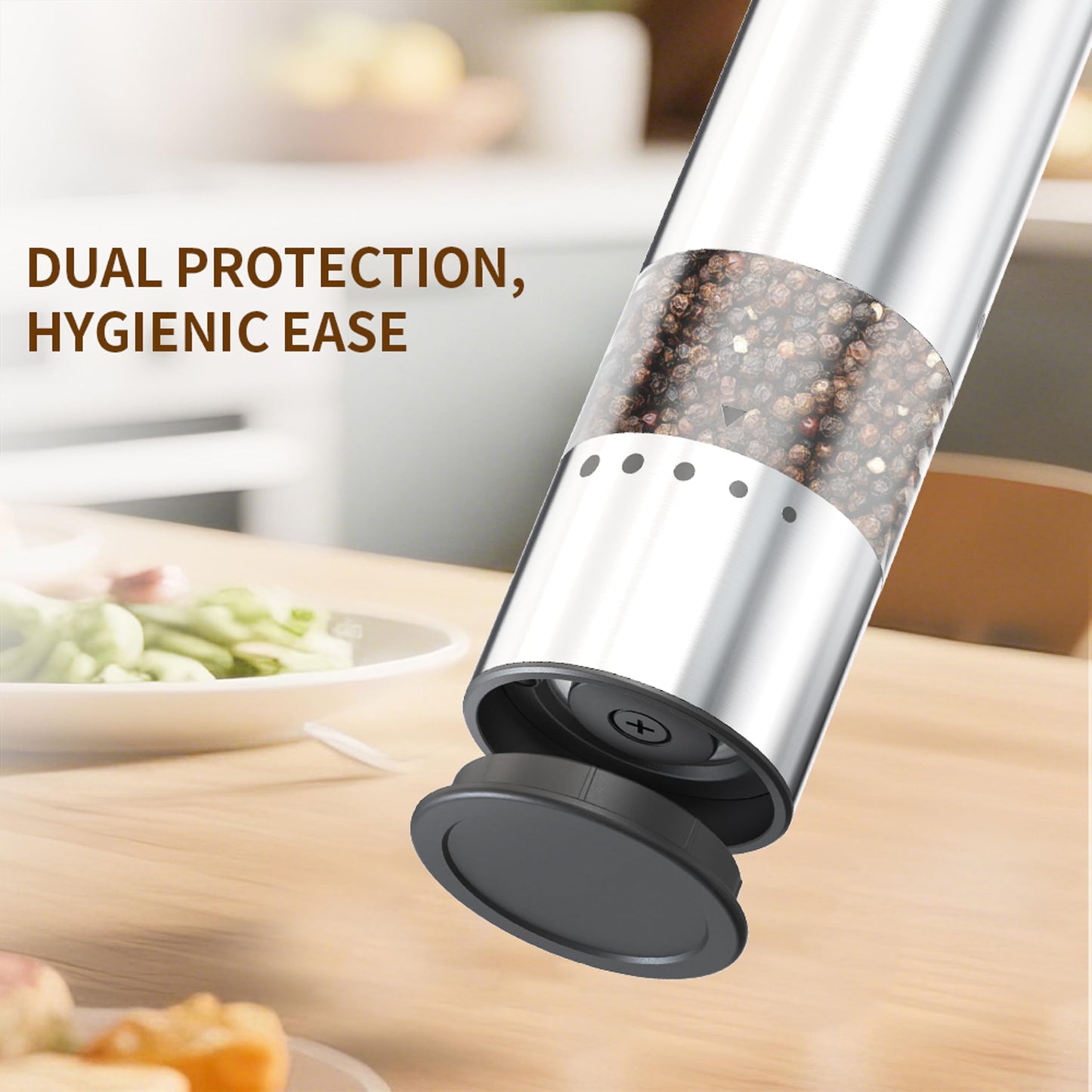 Mini Electric Salt and Pepper Grinder Stainless steel, USB Rechargeable, Small Automatic Salt Pepper Mill Grinder, Travel/Outdoor BBQ/Children, One-Button Control,External Adjustable Coarseness