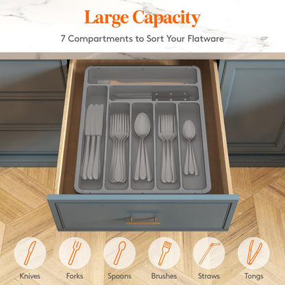 Lifewit Silverware Organizer with Lid, Covered Utensil Tray for Kitchen Drawer and Countertop, Plastic Cutlery and Flatware Storage Box for Spoons Forks Knives Holder Case, 6 Compartments, Black