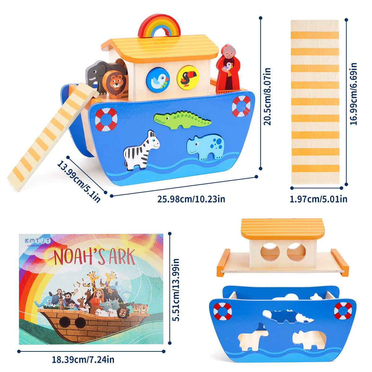 KMTJT Toddlers Wooden Noah's Ark Toy Animal Playset, Baptism Gifts for 1 2 3 Boys Girls, Shape Sorter Early Learning Montessori Toys with Bible Story Book for 12 18 24 Months Babies