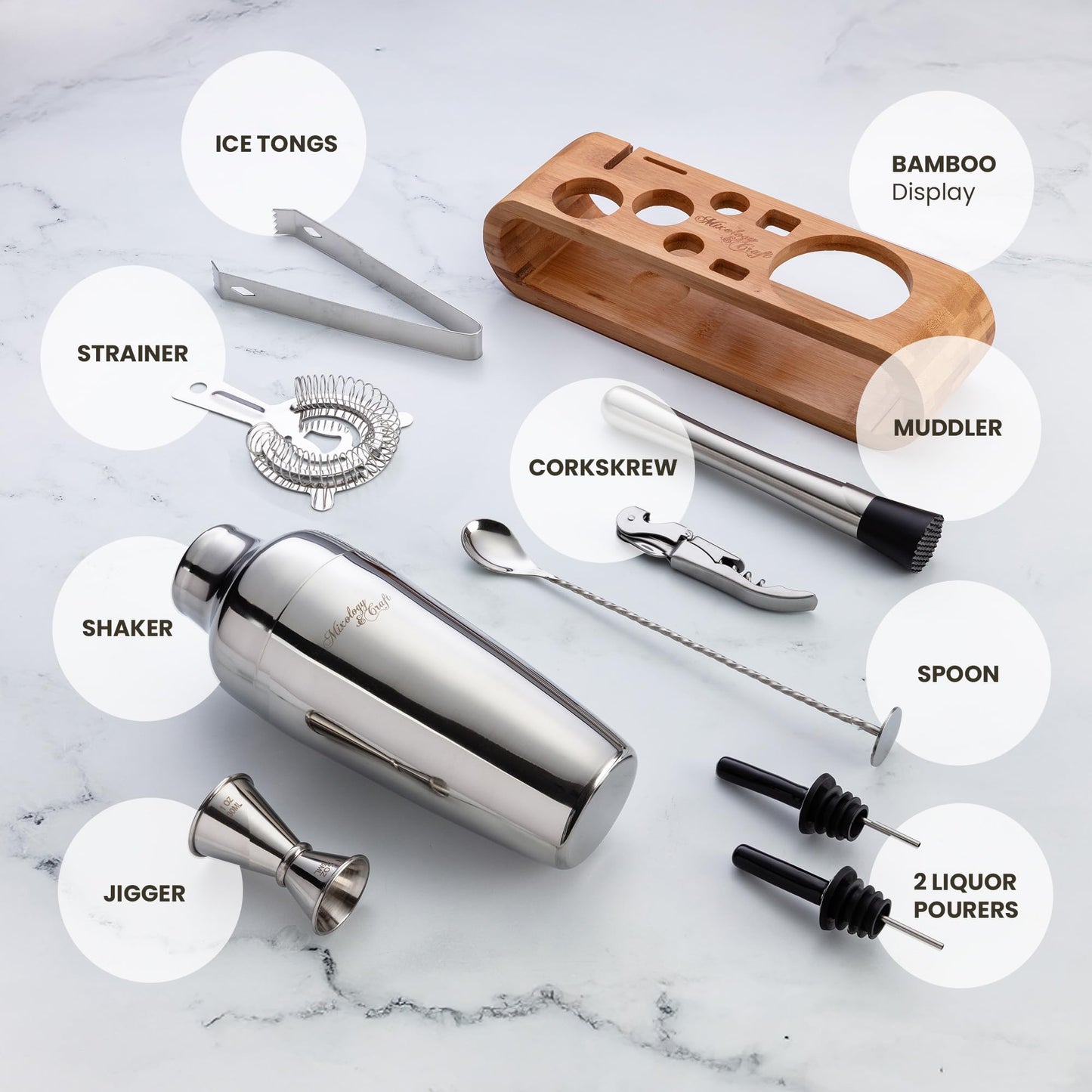 Mixology Cocktail Shaker Set - 10-Piece Cocktail Making Set - Home Bartender Kit in Bamboo Stand with Spoon, Boston Shaker, Other Tools for Drink Mixing, Martini, Mocktail - Gift Set (Silver)