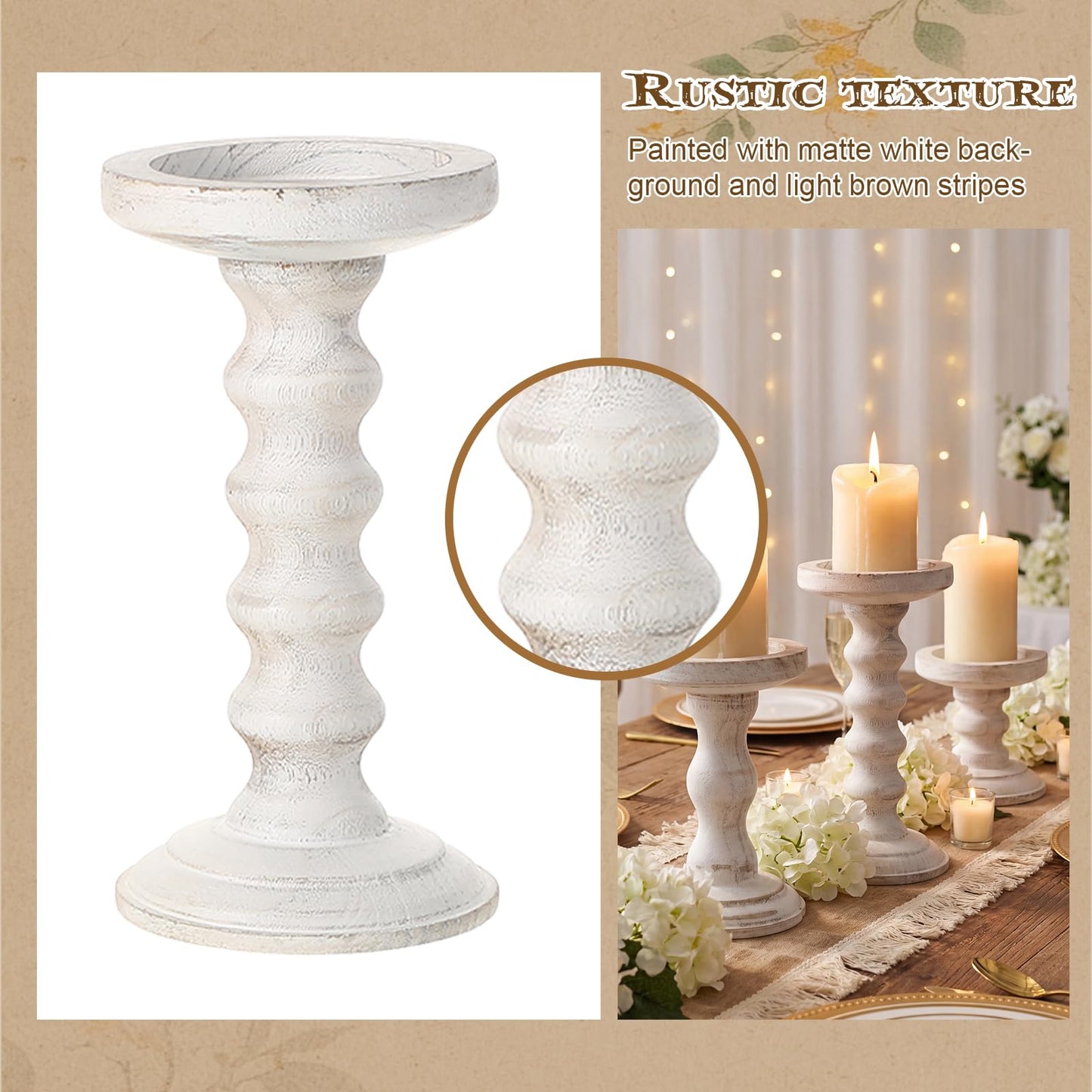 Reallnaive Wooden Candle Holders for Pillar Candles Set of 12, 2 Styles White Rustic Candlestick Stand Centerpiece Decor Fits 0.87-4" Candle Farmhouse Decorations for Fireplace Mantle