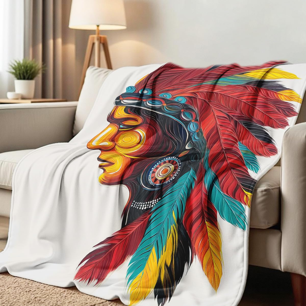 HUNXIAOJ Native American Blankets for Men Indian Print Blankets and Throws for Couch Bed Room Home Western Decor Flannel Throws Queen Size Native American Indian Gifts (49"x59")