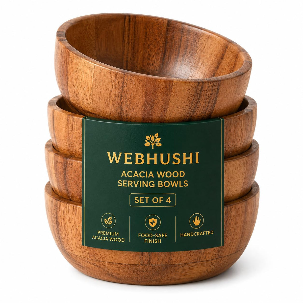 WEBHUSHI Acacia Wood Round Serving Bowls Set of 4 U Shape Handmade 4.75 Inch Medium Size Brown