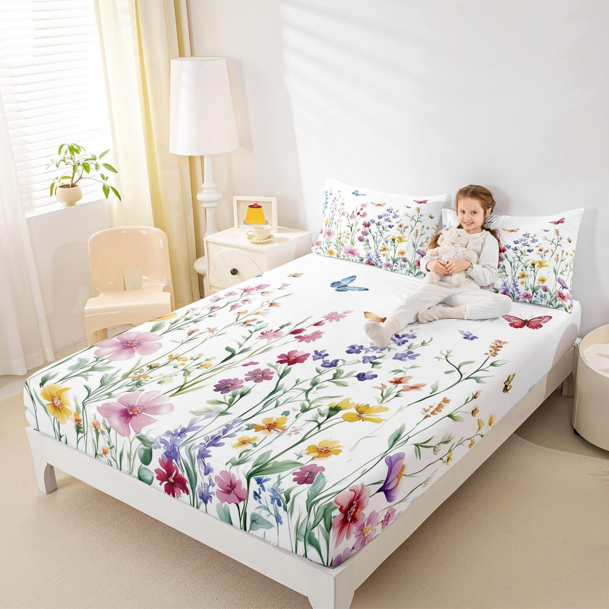 jejeloiu Butterfly Fitted Sheet with 1 Pillowcase Twin Size Cute Floral Bed Sheets Set 16" Deep Pocket Boys Girls Wildflower Flower Floral Bedding Butterflies Print Teens Bedroom Decor