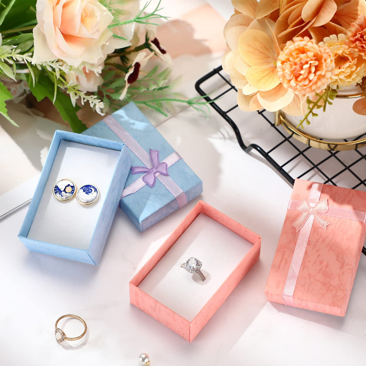 Batiyeer Jewelry Gift Boxes Set Empty Small Gift Cardboard Boxes for Jewelry Packaging with Ribbon Bowknot for Anniversaries Weddings Birthday, 8 Colors (72 Pcs)