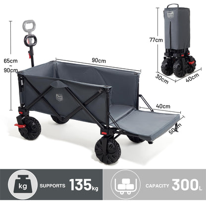 TIMBER RIDGE Festival Trolley 300L with Brakes, Folding Beach Trolley Cart with Tailgate, 135kg Collapsible Wagon Detachable Wide Wheels & Adjustable Handle for Outdoor Camping Garden, Grey
