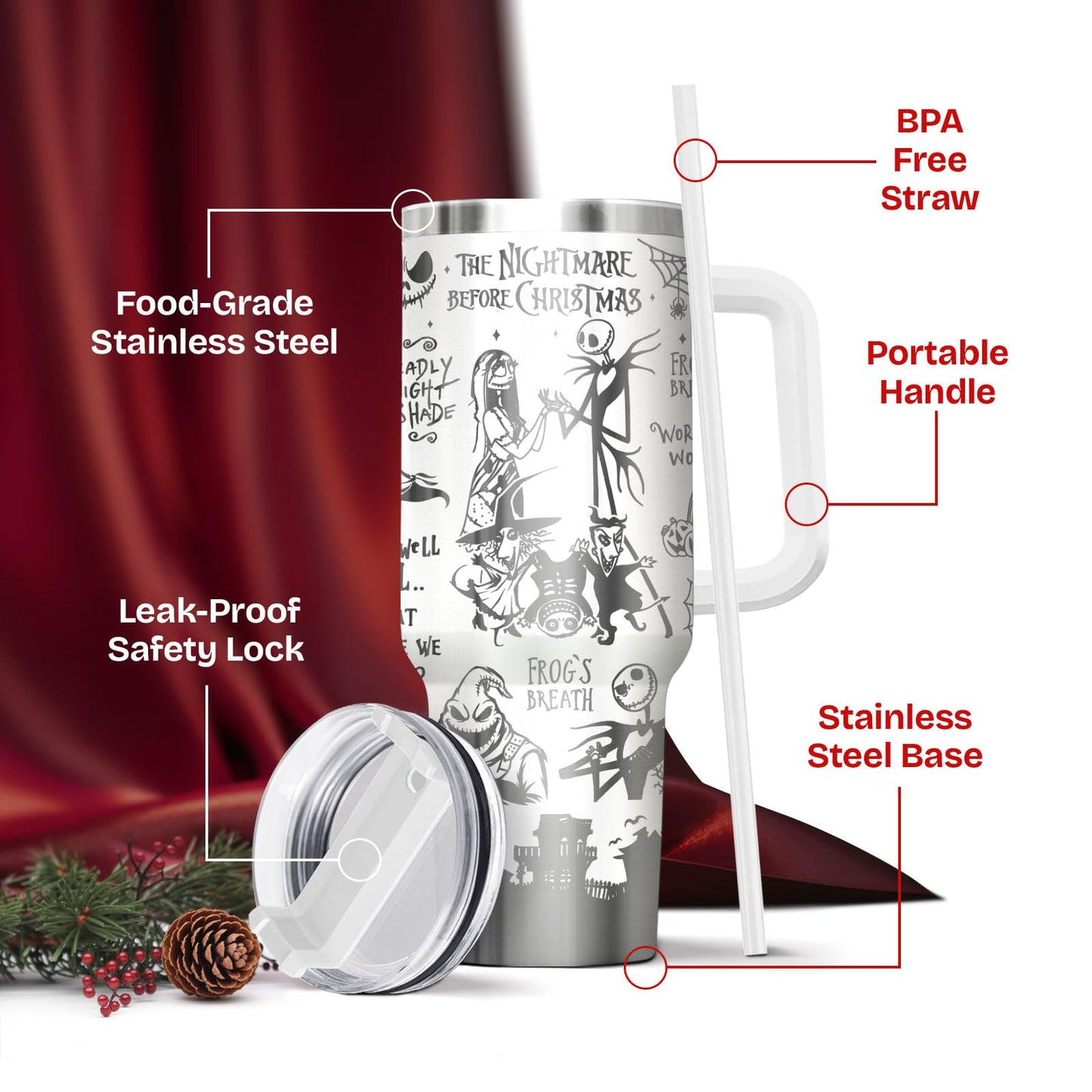 GEPOSTORE Spooky Christmas Tumbler – 40 oz Laser Stainless Steel Mug with Handle – Nightmare Halloween Movie Cup Gift for Fans of Dark Romance, Birthdays & Holidays