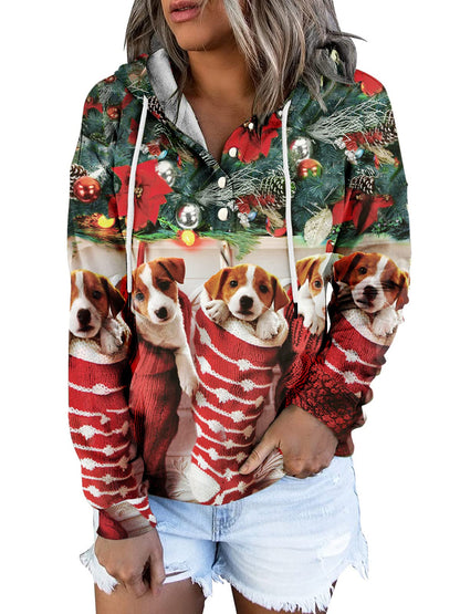 FARORO Christmas Hooded Pullover Sweatshirts for Women Dog Hoodies Long Sleeve Sports Top Loungewear Casual Clothes with Buttons