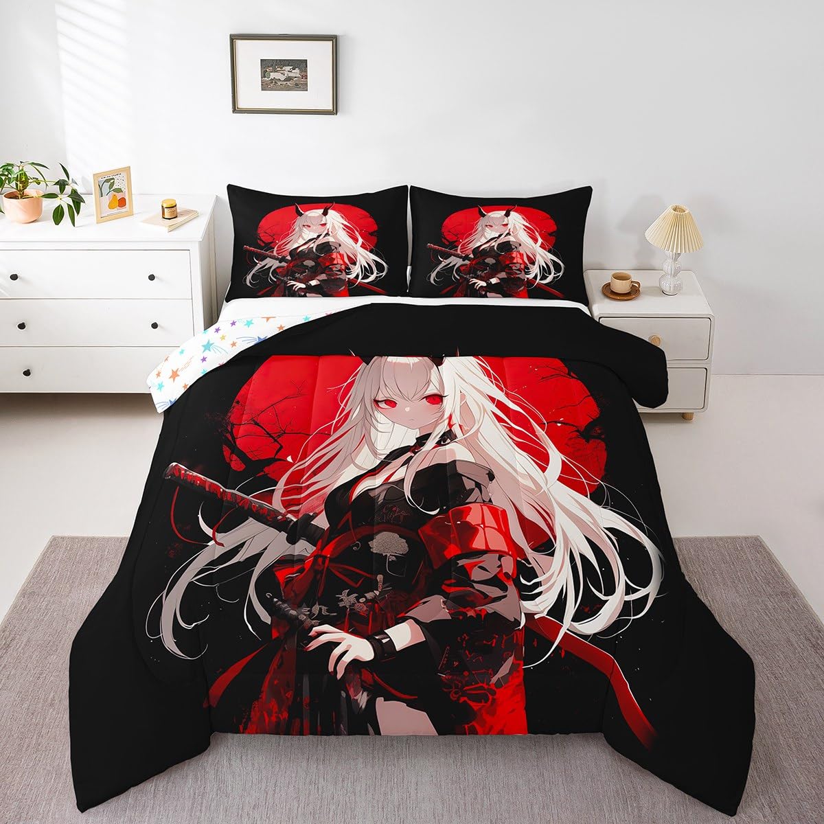 Erosebridal Full Japanese Anime Bedding Set for Kids, Anime Girl Comforter Set Kawaii Japanese Style Duvet Insert Cartoon Japan Animation Quilt for Boys Teens Adult Women Bedroom, Red Black