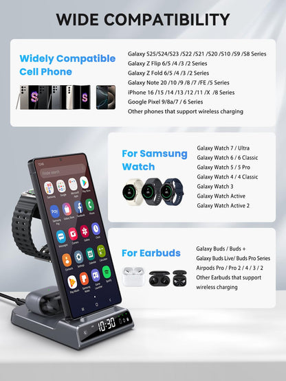 Wireless Charger for Samsung Charging Station with Clock for Samsung Galaxy S25 Ultra/S24/Z Flip 7/Z Fold 6/Bud, 3 in 1 Android Charging Station, Watch Charger for Samsung Galaxy Watch 8/7/6/5 (Grey)