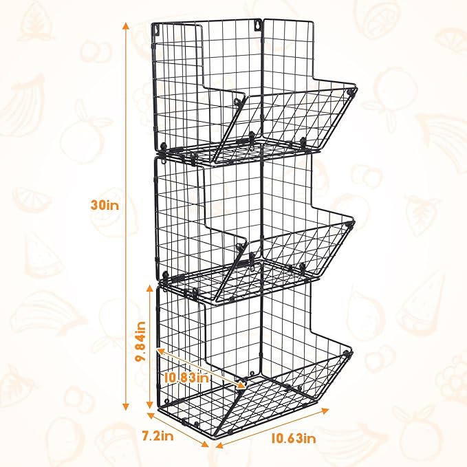 X-cosrack Metal Wire Basket Wall Mount, 3 Tier Wall Storage Organizer
