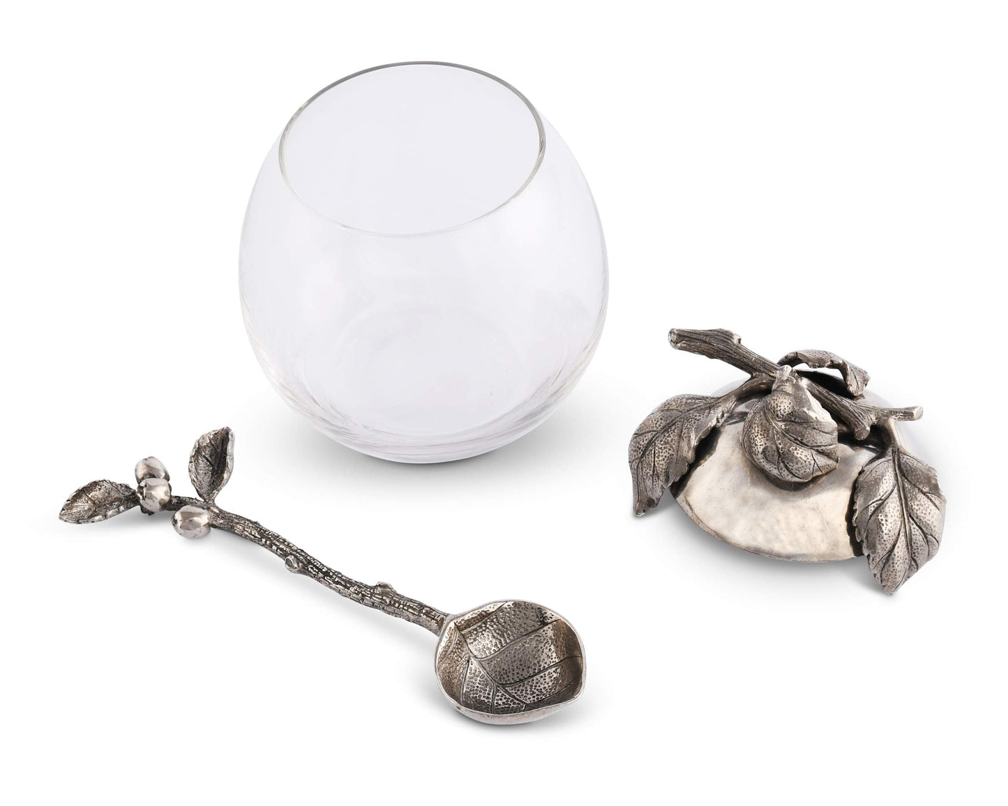 Vagabond House Honey Pot Jam Jelly Jar with Pewter Apple Lid and Spoon 4 inch Wide x 5 inch Tall