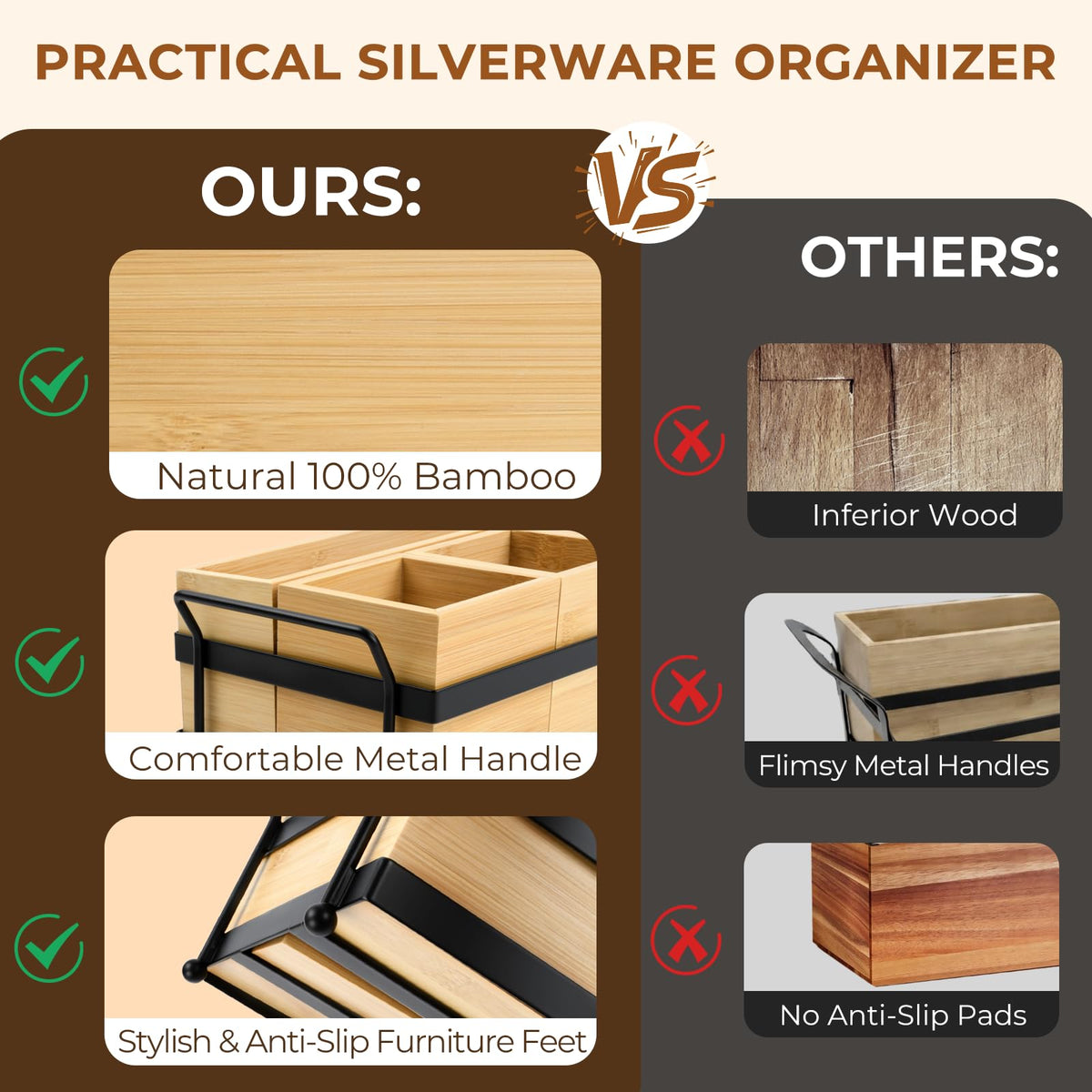 Eclove 5-in-1 Bamboo Utensil Caddy and Paper Plate Organizer - Wooden Silverware Caddy with Napkin Holder and Portable Handle - Flatware Organizer for Kitchen Countertop, Camper RV, Buffet Party