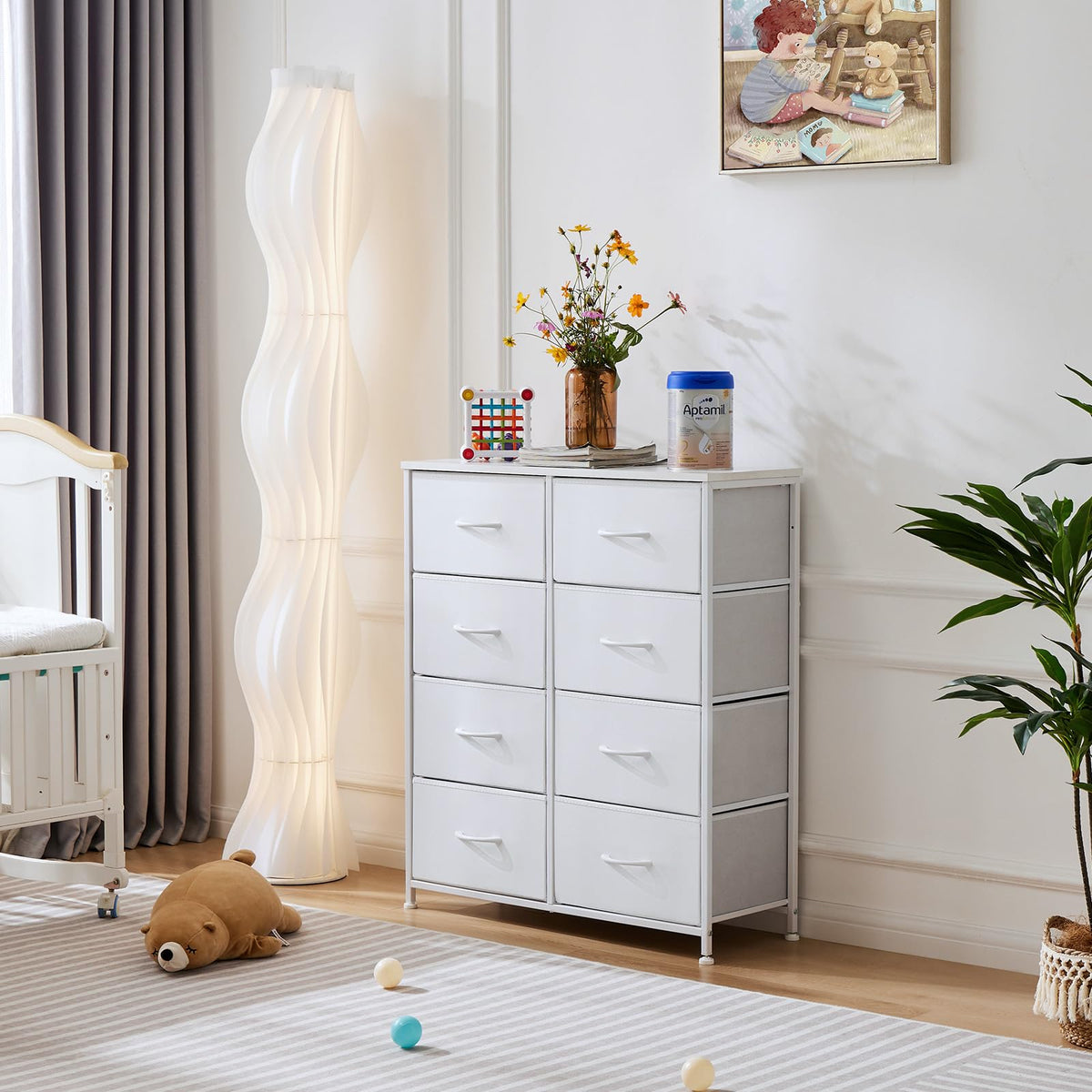 OLIXIS Dresser for Bedroom, 8 Storage Drawers, Tall Large Fabric Storage Tower Organizer, Chest of Drawers with Metal Frame Wooden Top for Nursery, Closet, Living Room, Entryway, White