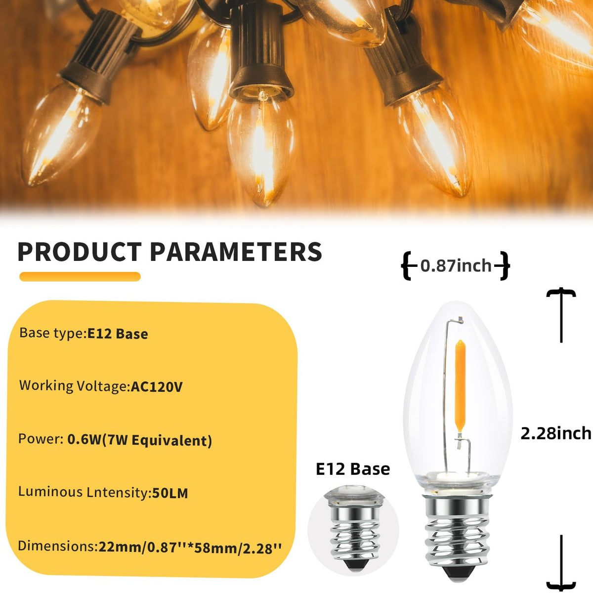 SOTOPOO 25 Pack LED C7 Light Bulbs - Clear Glass LED E12 Nightlight Bulbs, 0.6W Equivalent to 7W, for Candles Chandeliers Replacement Bulbs & Christmas Tree Light Bulbs, E12 Base, Warm White