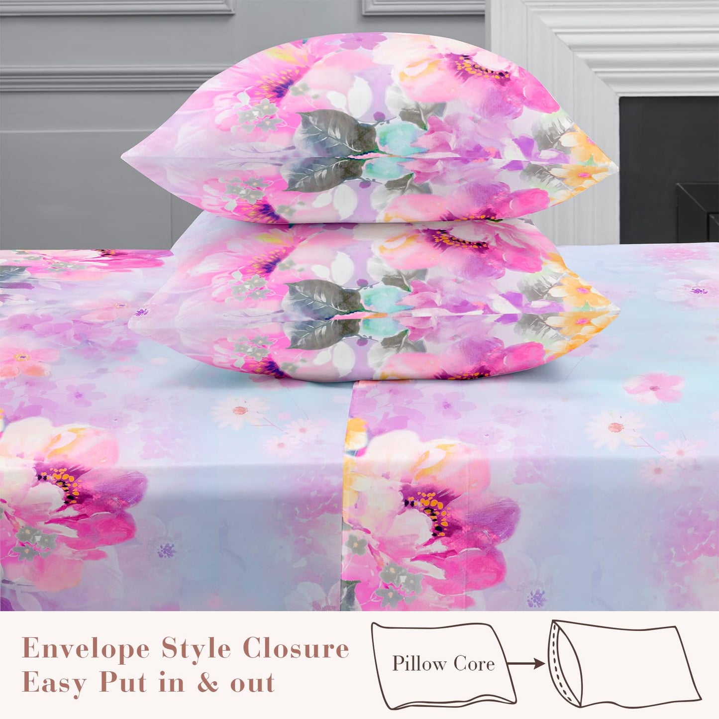 YIYEA Queen Sheet Set, Luxury 1800TC Hotel Quality Double Brushed Microfiber Floral Bed Sheets for Queen Size Bed, Extra Soft, Deep Pocket, Shrinkage and Fade Resistant, 4PC (Queen)