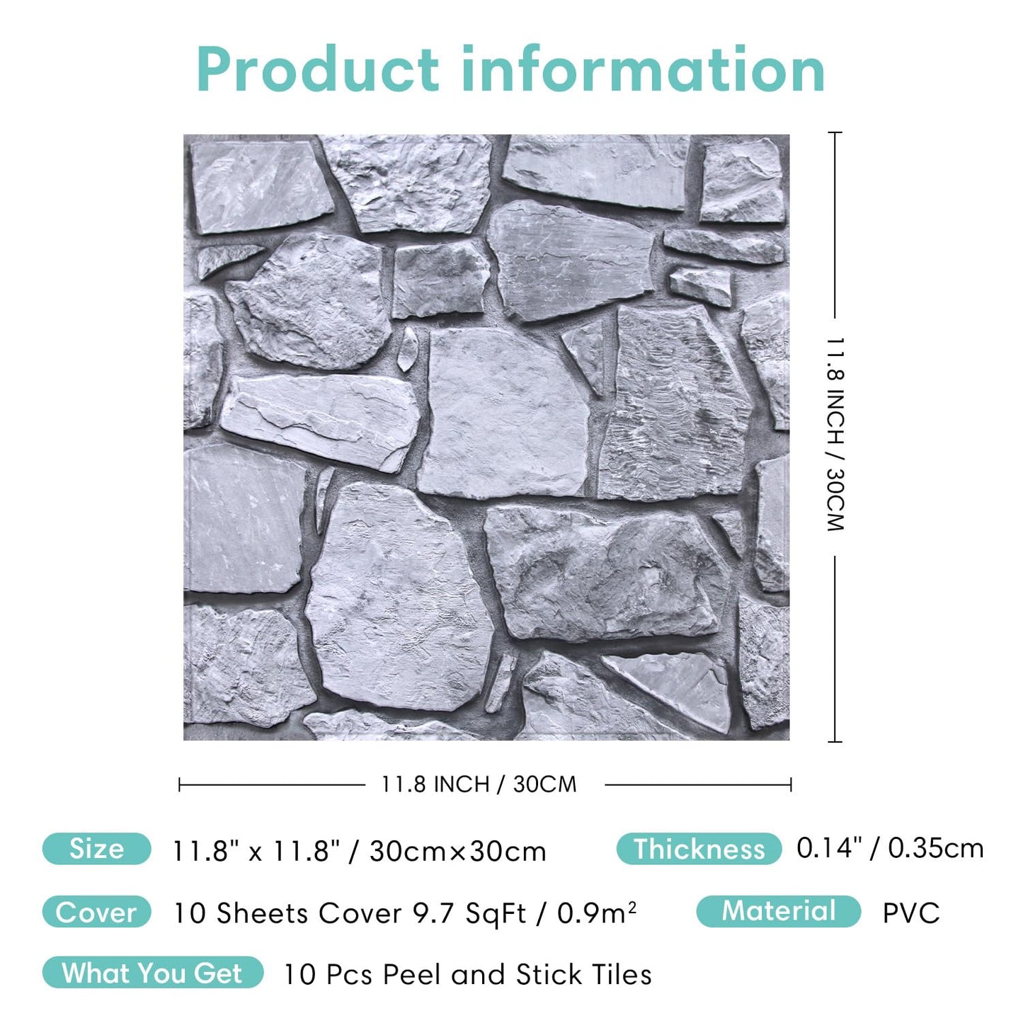 Commomy 3D Faux Stone Peel and Stick Wall Tiles - Fake Stone Wall Sticker 10 Pcs of 11.8" x 11.8" Thin Ultralight PVC Rock Wall Tile Interior Wall Covering Kitchen Backsplash,Interior Wall Decor