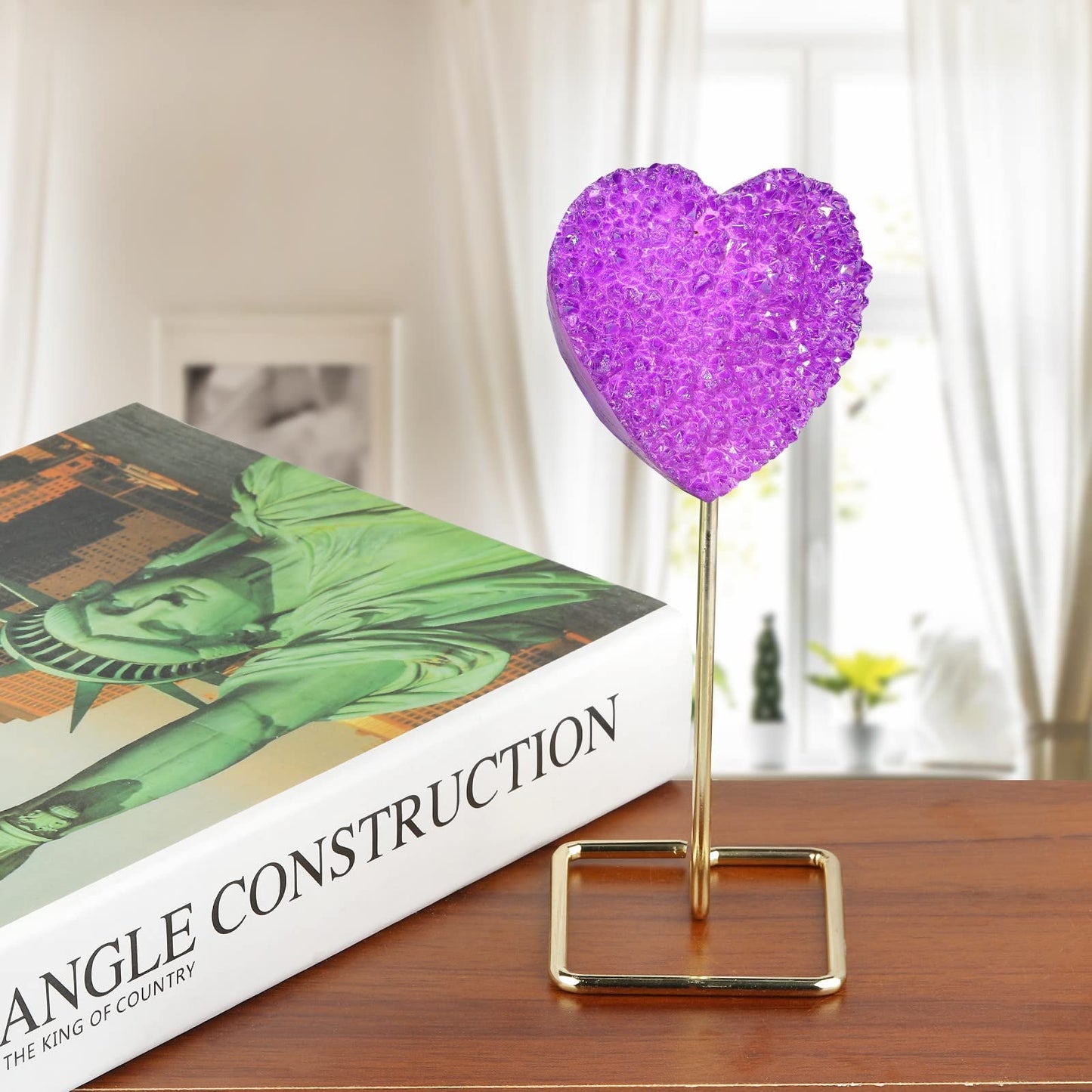 Amogeeli Heart Shaped Titanium Coated Rock Crystal Cluster with Stainless Steel Metal Stand, Love Heart Crystal Stone Specimen Decoration for Home & Office, Purple