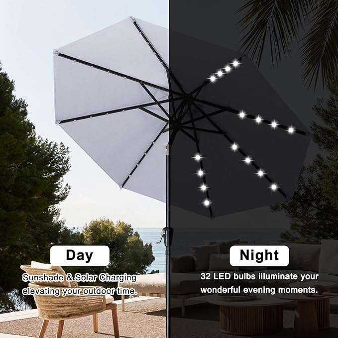 ABCCANOPY 10FT Durable Solar Led Patio Umbrellas with 32LED Lights (Gray)