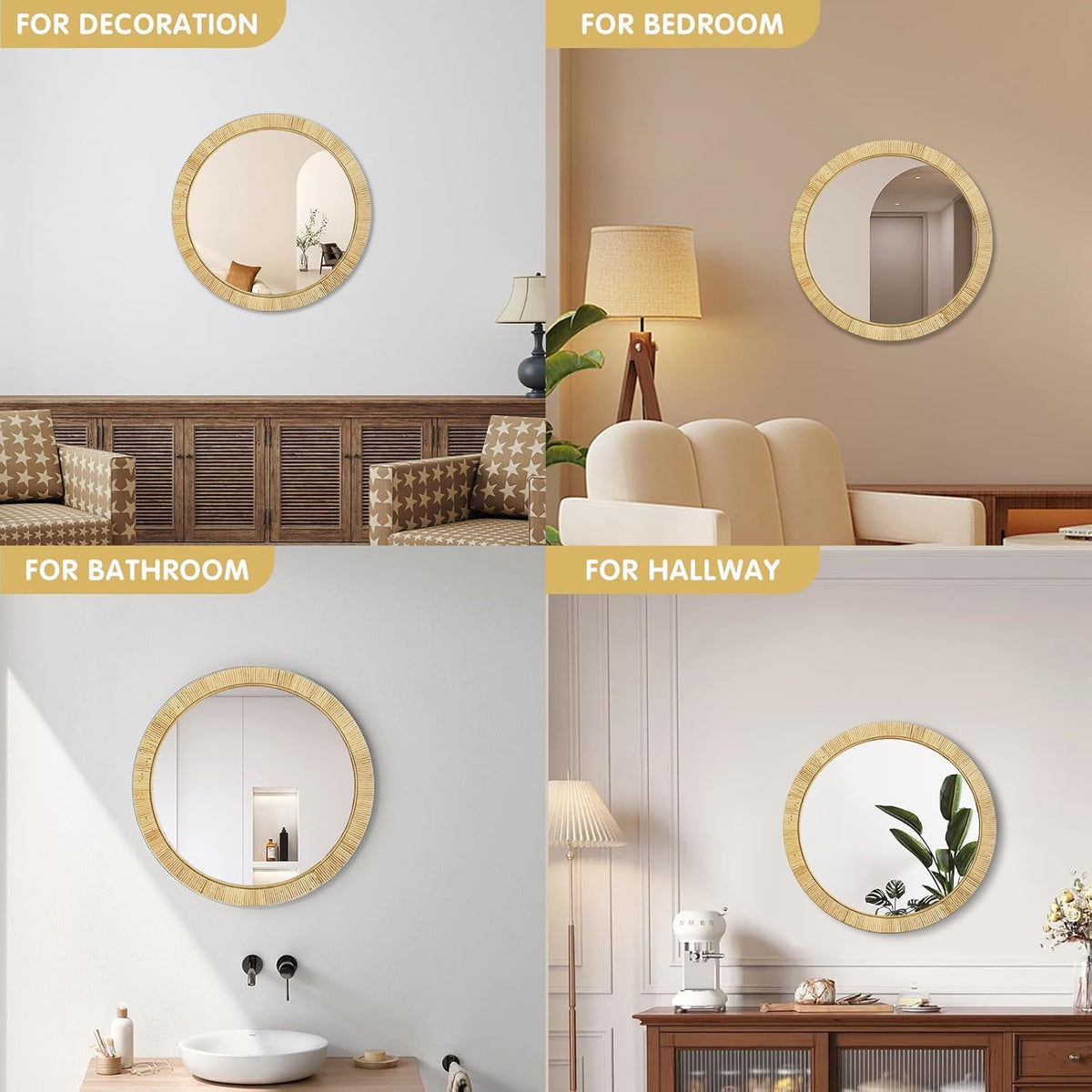 inoseen Decorative Rattan Wall Mirror, Boho Bathroom Modern Makeup Mirror, Rustic Wall Bohemia Mirrors for Bedroom, Living Room, Vanity Versatile Farmhouse, Nursery, Bathroom, 24"x24", Round