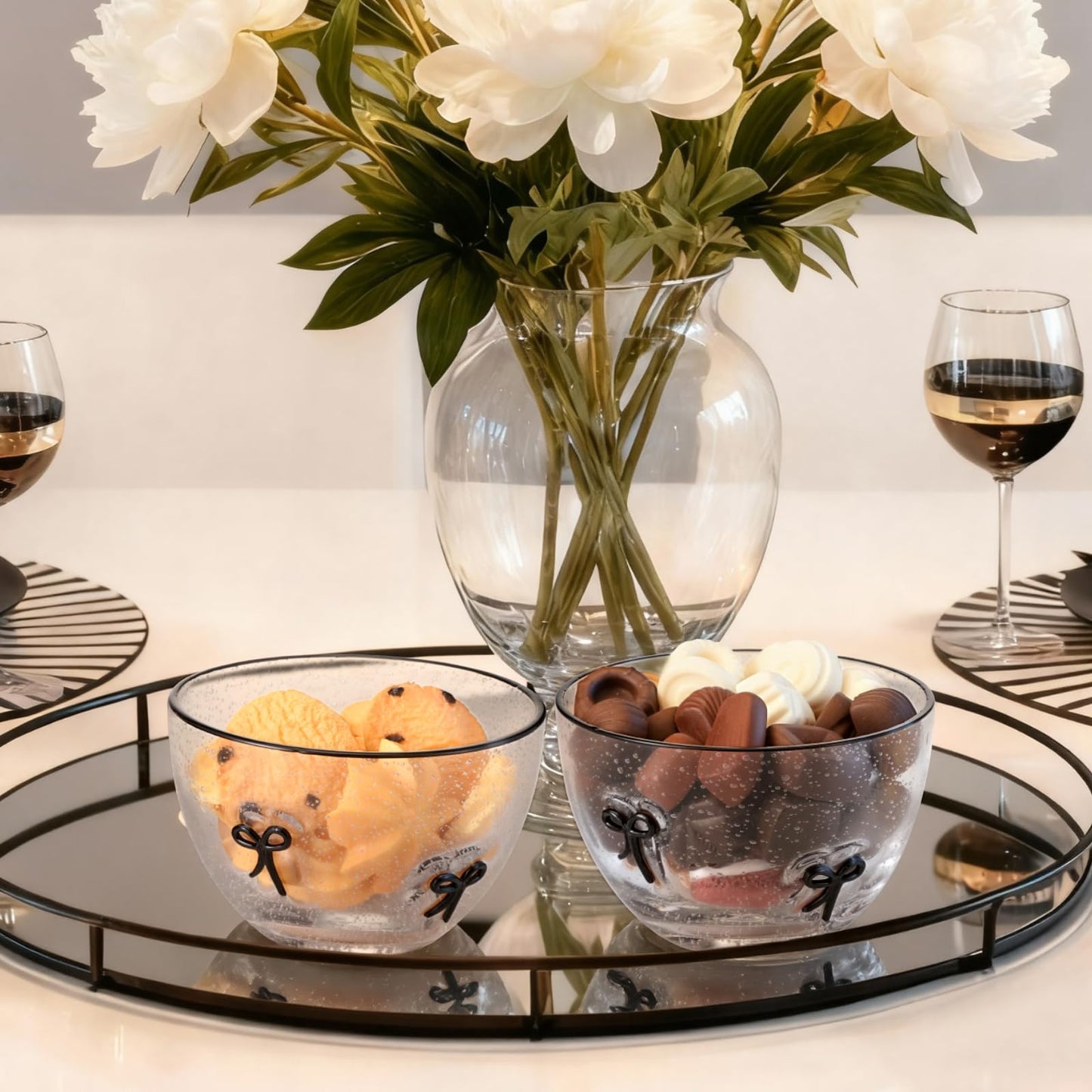 Potchen 2 Pcs Bow Glass Bowls, 14 Oz Decorative Glass Dessert Bowls with Black Bow Design Coquette Room Decor Aesthetic Candy Fruit Serving Bowl for Vanity Coffee Table Kitchen Counter