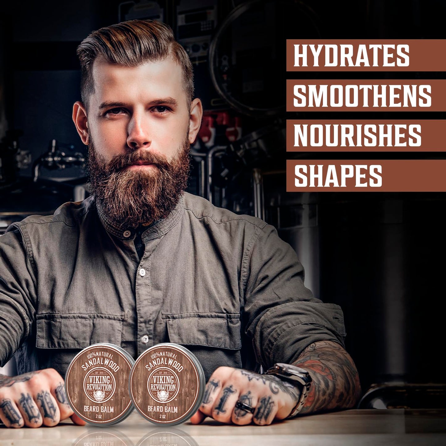 Viking Revolution Sandalwood Beard Balm for Men (2oz) and Sandalwood Beard Oil (1 fl oz) Bundle - With Argan and Jojoba Oils - Soften and Moisturize - Stocking Stuffers for Men