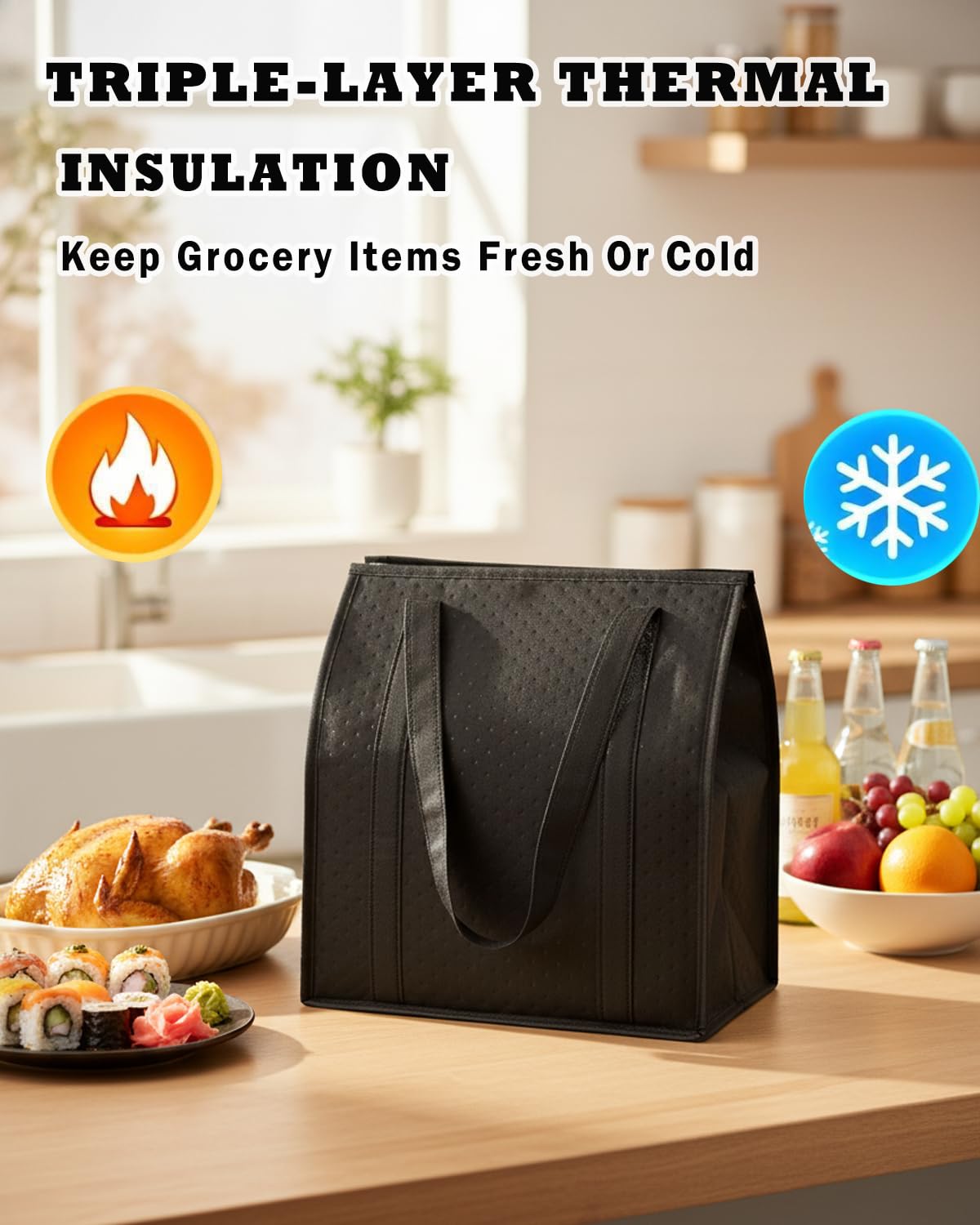 4-Pack Large Reusable Shopping Bags, Insulated Reusable Grocery Bags with Zippered Top - Thermal Bags for Cold and Hot Food, Cooler Grocery Bags Insulated for Groceries, Frozen Food & Food Delivery