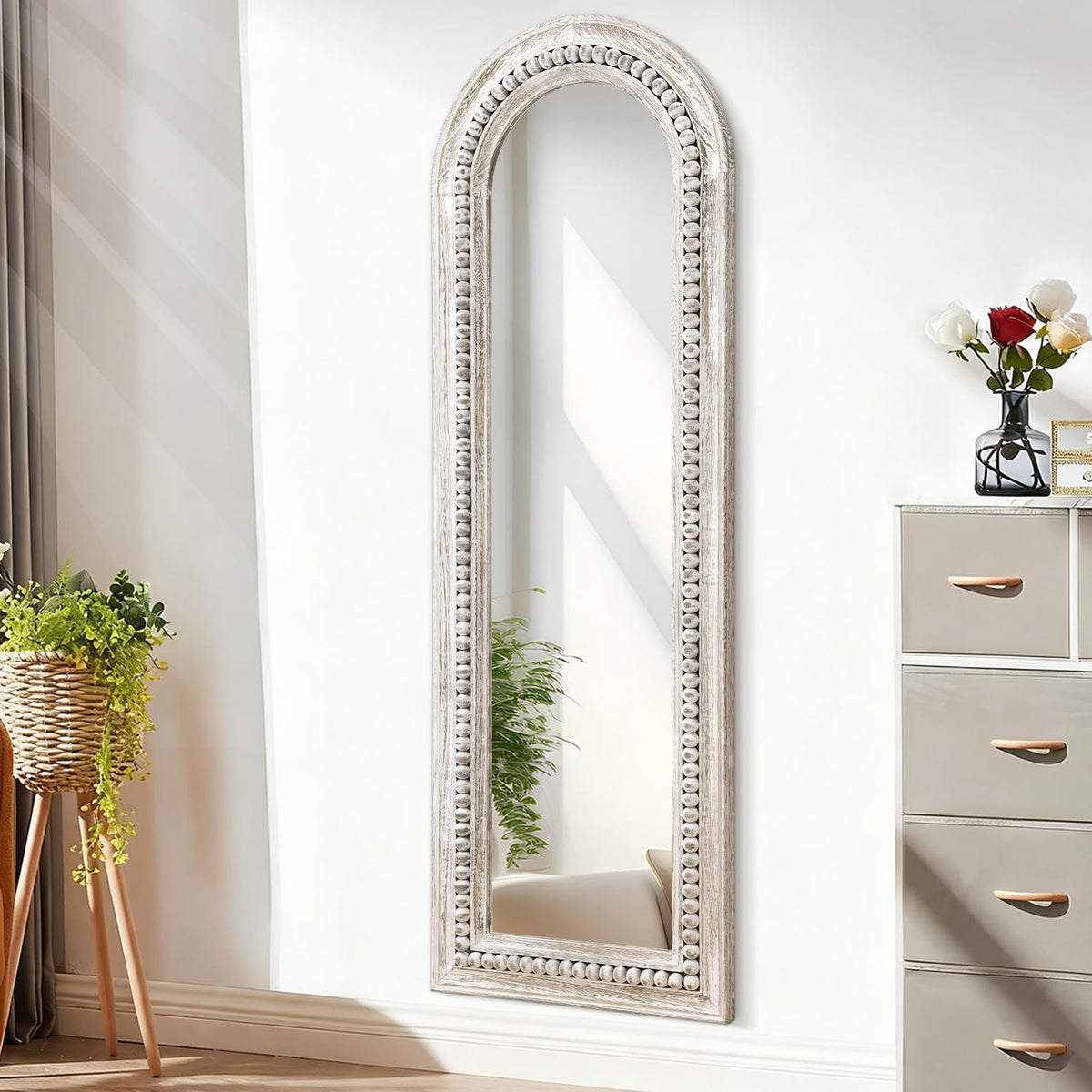MWAZZLL Wall Mirror Full Length with Beaded Framed Arch Rustic Wood Floor Mirrors Decrorative Large 47"x16" for Bedroom Bathroom Living Room Entryway Dressing Room White