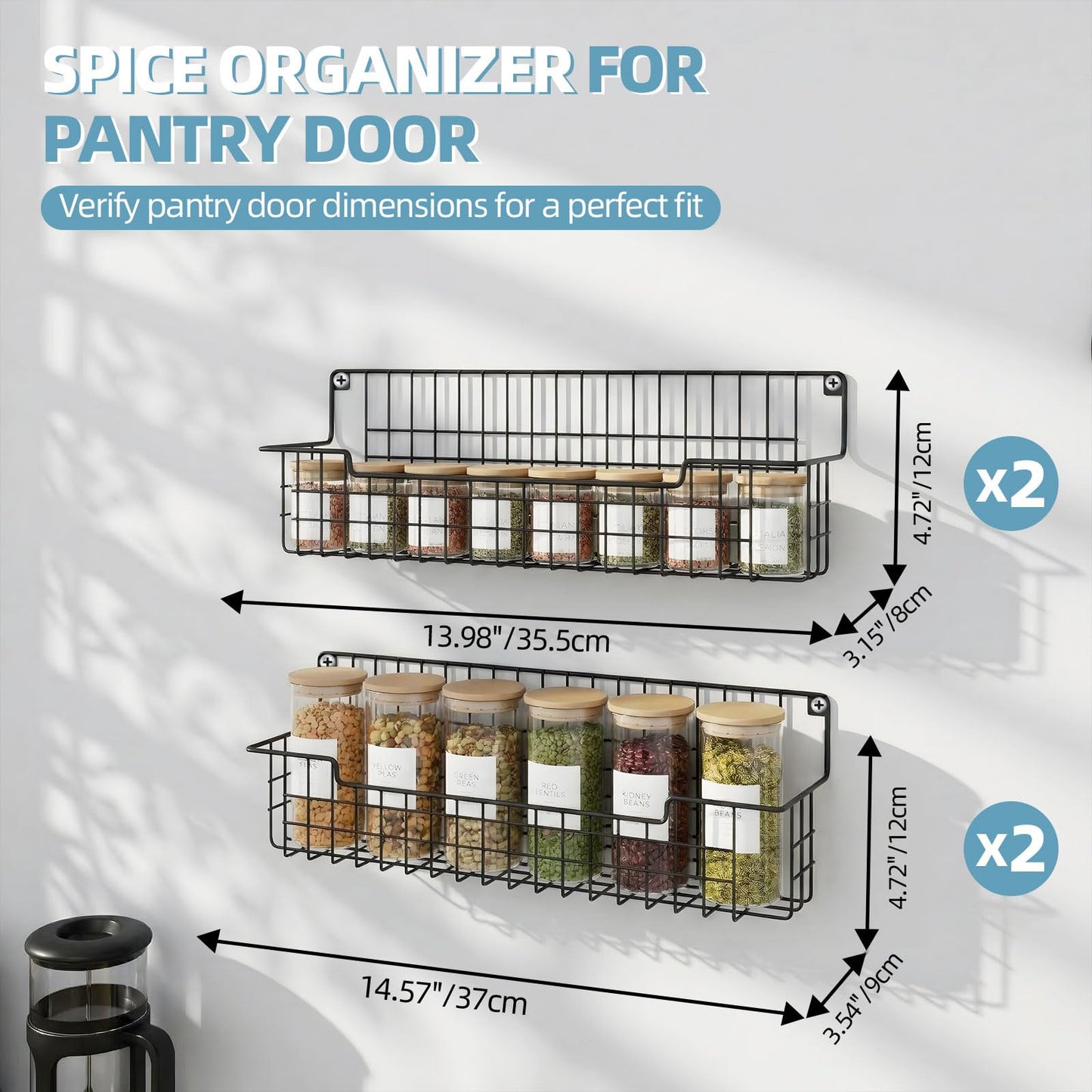 AURIKAR Spice Rack Wall Mount, Spice Organizer for Cabinet & Pantry Door, Set of 4 Hanging Spice Rack Saving Space for Kitchen, Black