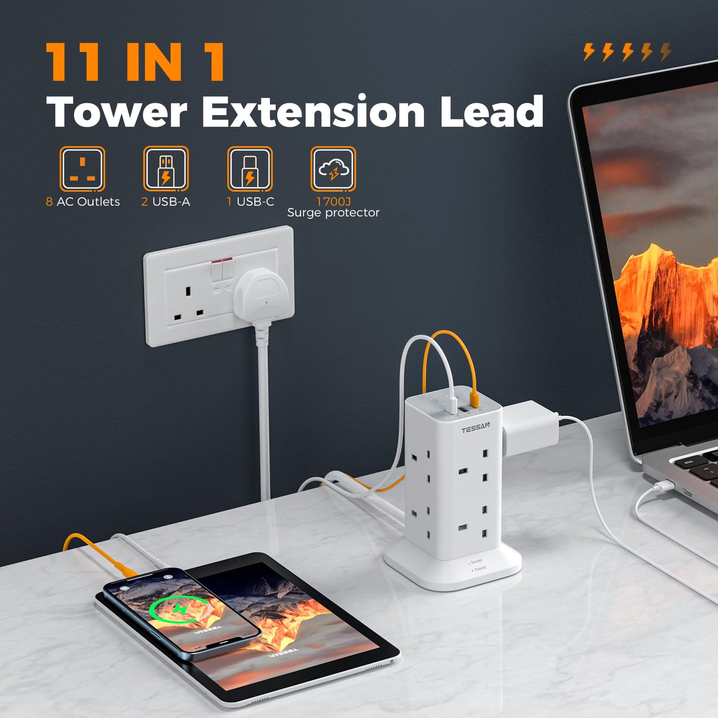 Tower Extension Lead with USB C Slots, TESSAN 8 Way Plug Extension Socket with Switch, Surge Protected Power Strip with 2M Cable for Home, School Supplies
